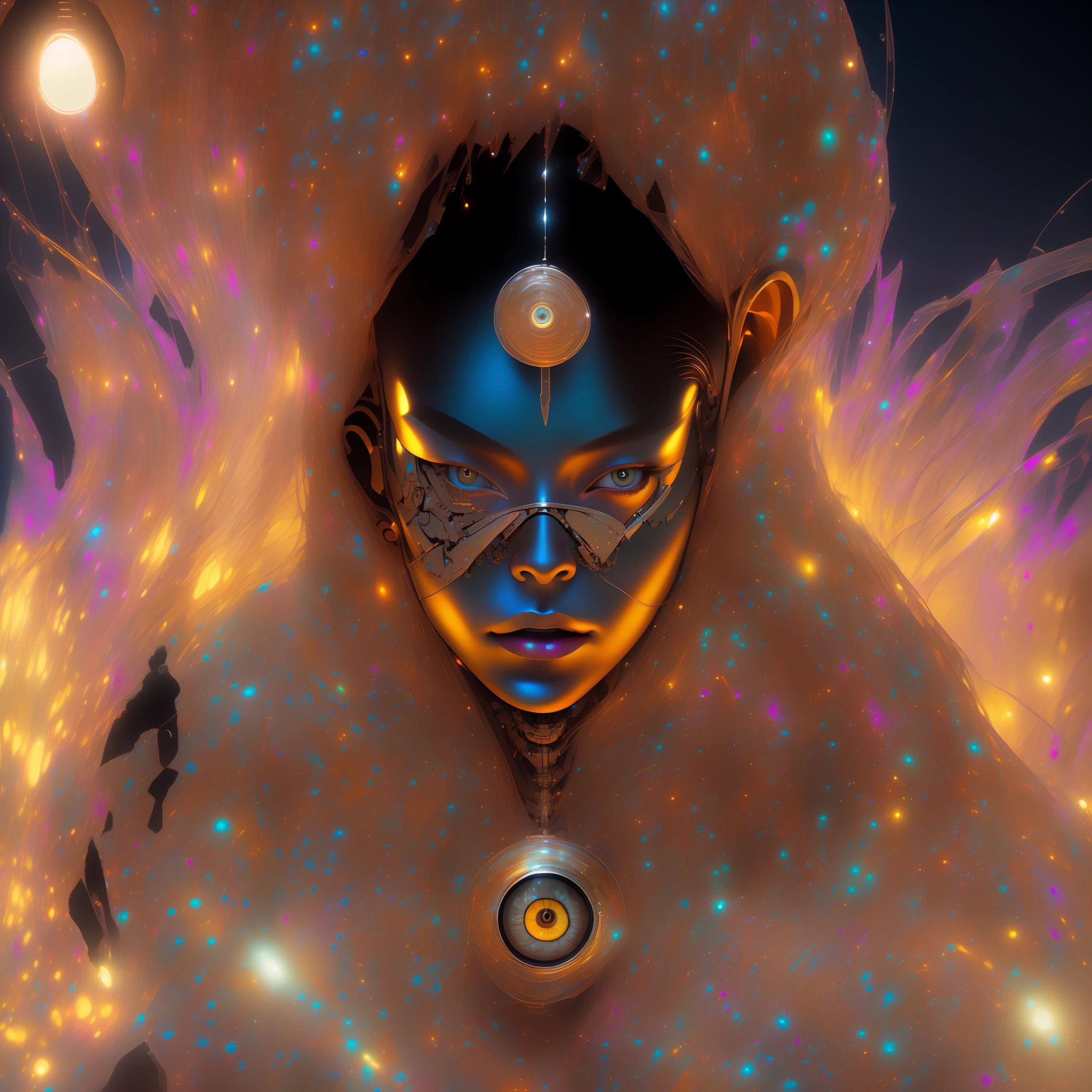 indigenous futurism, indian cybernetic cyborg goddess, cyberpunk, the style of fantastical fantasy compositions, dark with rainbow prism, eye-catching metallic compositions, symmetrical arrangements, eye-catching  iridescent red, blue, green,yellow,bright neon,luminous, distinctive noses, ethereal,bloody colorful, eye-catching compositions with rainbow prism,high resolution, masterpiece,composite cybernetic metallic  bodysuit, indigenous cybernetic jewellery and ornaments,symmetrical design ,character concept art,Rendered in Octane,trending in artstation, cgsociety, 8khighly detailed,Junji Murakami, Mucha Klimt, Sharandula, Hiroshi Yoshida, Tom Bagshaw, Ross Tran, Artgerm,Craig Mullins,dramatic,Junji Murakami, moody lighting  post-processing,cinematic lighting ,ar 2:3 –uplight