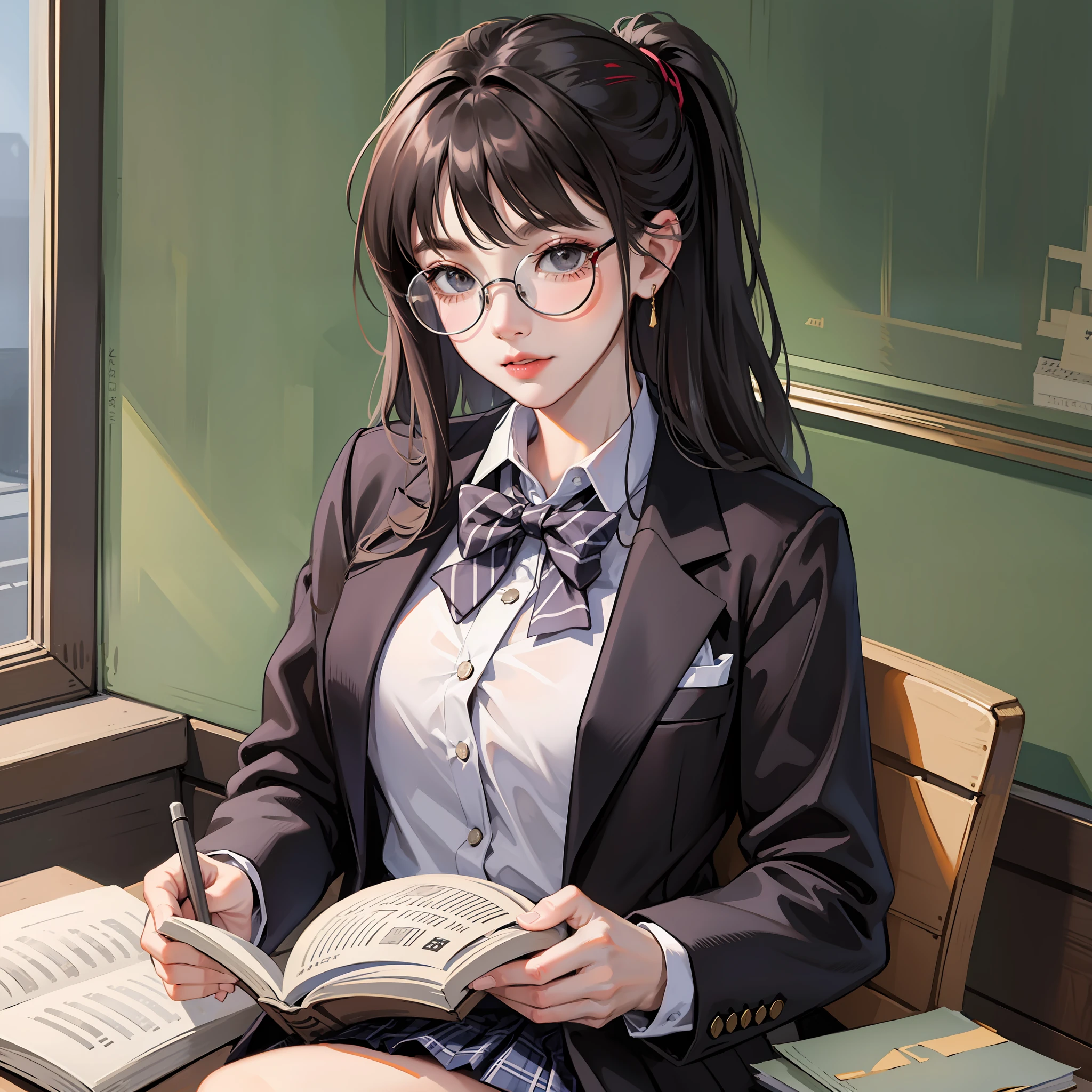 Korean preppy style, Outrageously long ponytail, Parted bangs, circle glasses, Dress school uniform, Dark gray open jacket, Dark gray blazer, Pleated skirt, long plaid skirt,Reading a book, Shy and quiet girl, Reserved and dignified,looking at the distance, Extremely detailed hair, intricately details, Best quality, realisticlying,Need,tmasterpiece