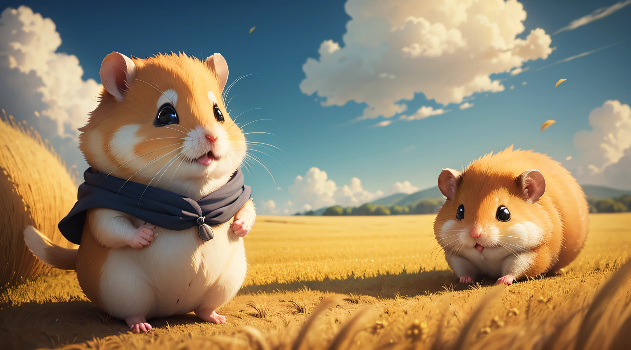 hamster，happy with life，Golden wheat fields，Work together，in style of hayao miyazaki