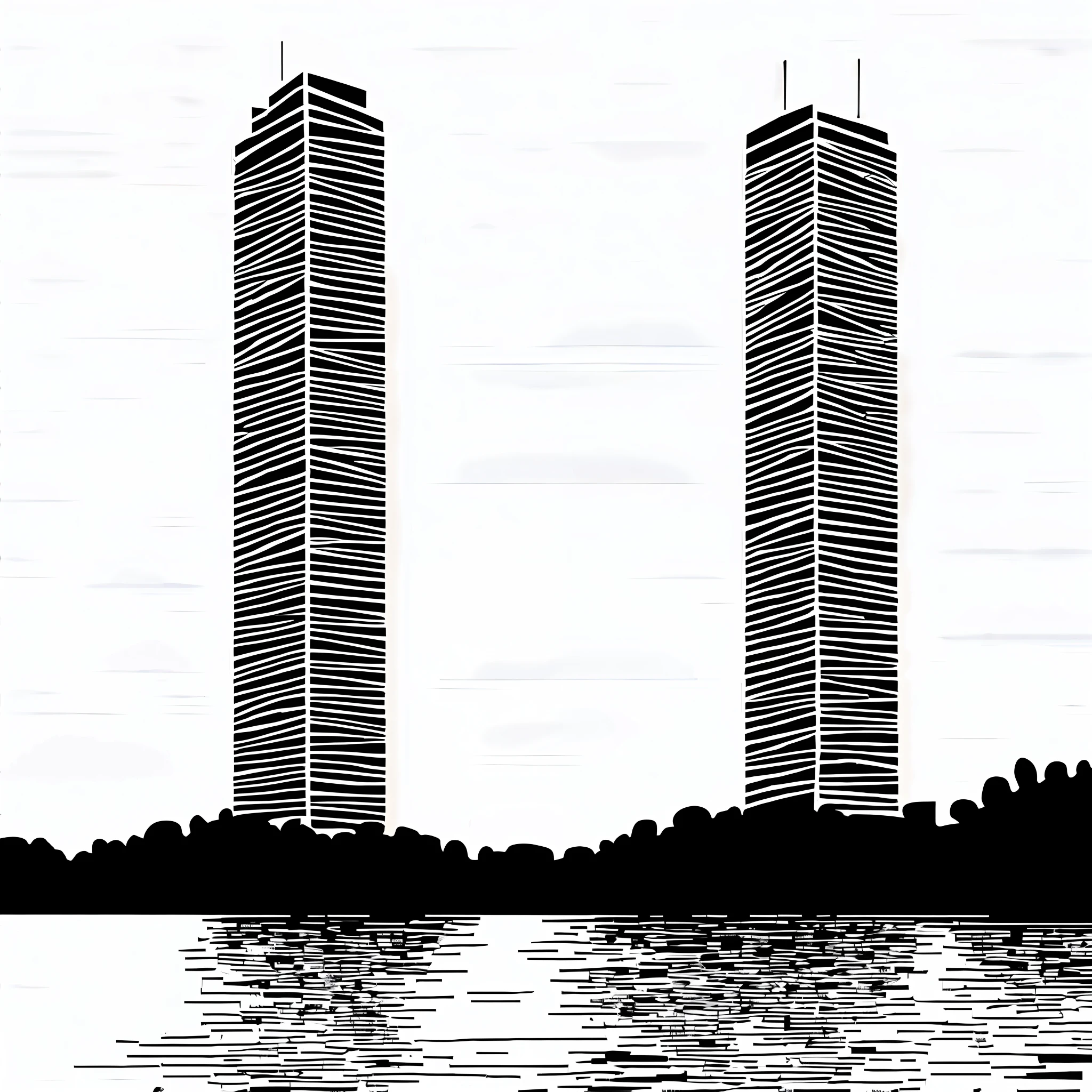Draw a tall building standing in the sea