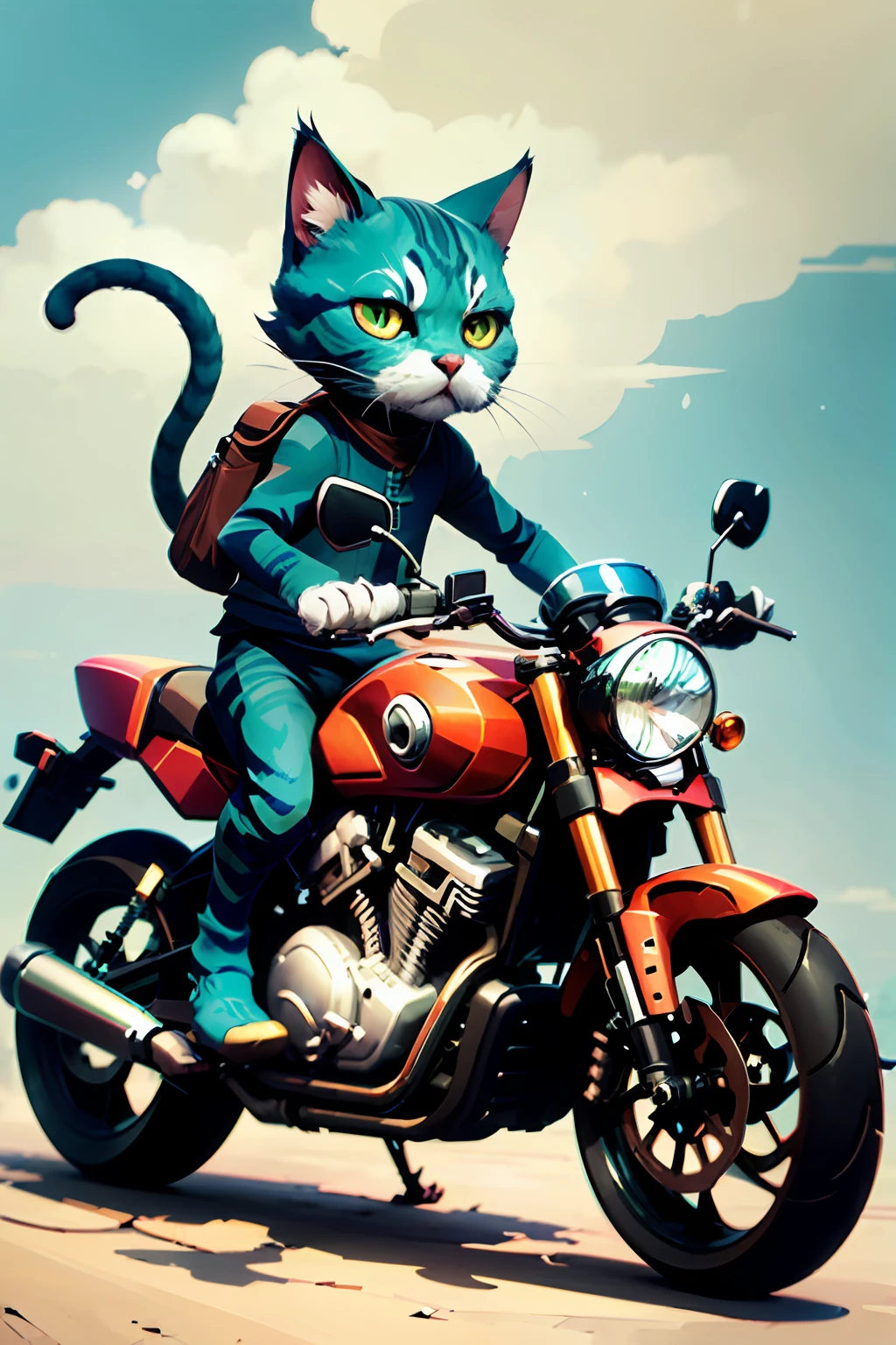 Cartoon cat riding motorcycle，Cartoon Art Style, Cartoon Art Style, in style of digital illustration, anime cat, In anime style, Cat on a motorcycle, akira motorcycle, Flat anime style, Anime art style, Bicycle cat, anthropomorphic cat ninja, gta chinatowon art style, Cartoon style illustration, Furry art