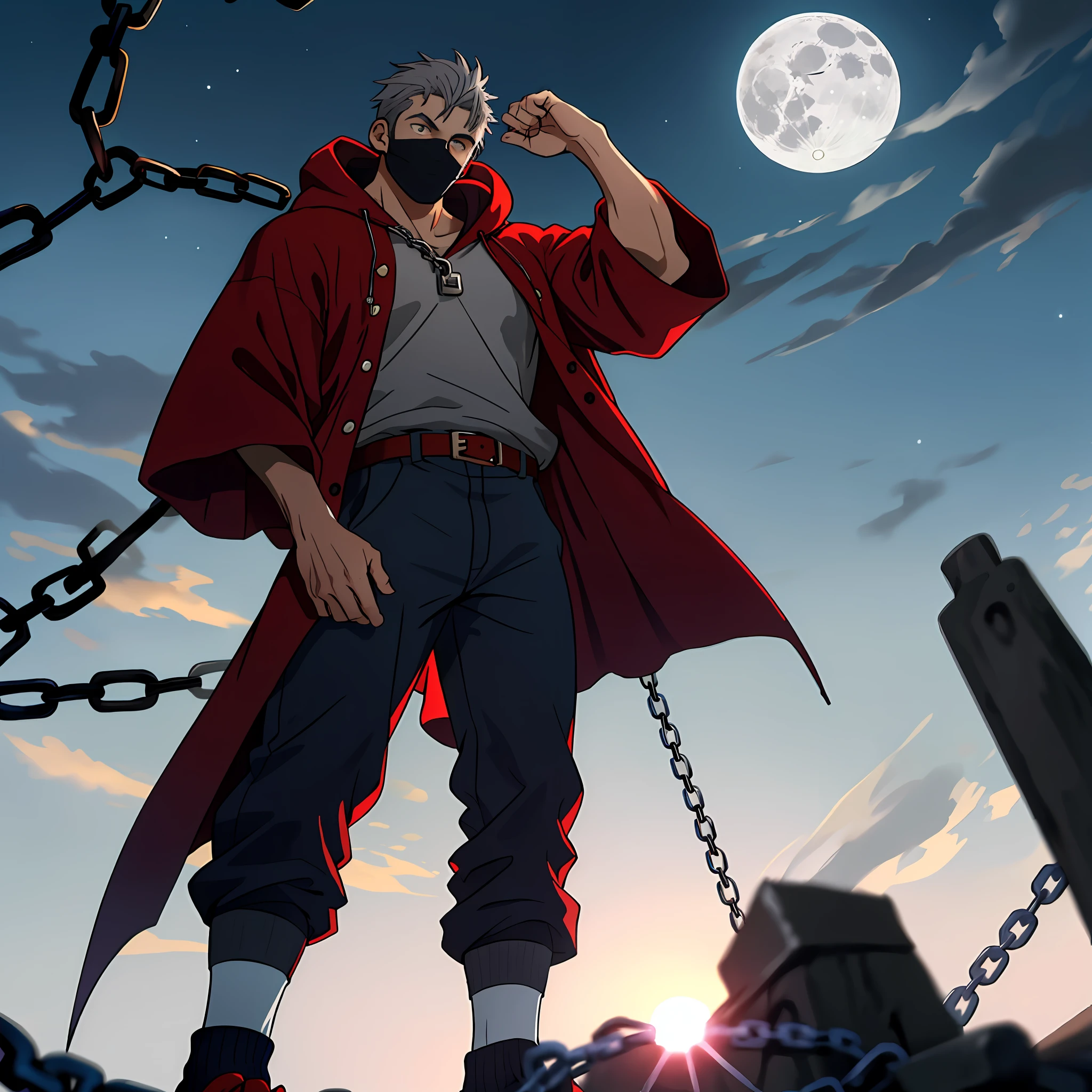 Strong males,Thief costume,Delicate muscle lines,Bulge,There is the moon behind it,grey shirt,(Dark blue socks: 2.0),standing on your feet,Dark red robe,Cover half of your face,Hood,Mask, grey pants,(Wear a lot of chains: 1.8),expressiveless,Red sword,Gray hair,Look ahead,Perfect eyes,perfect works,Correct anatomy, light particules,