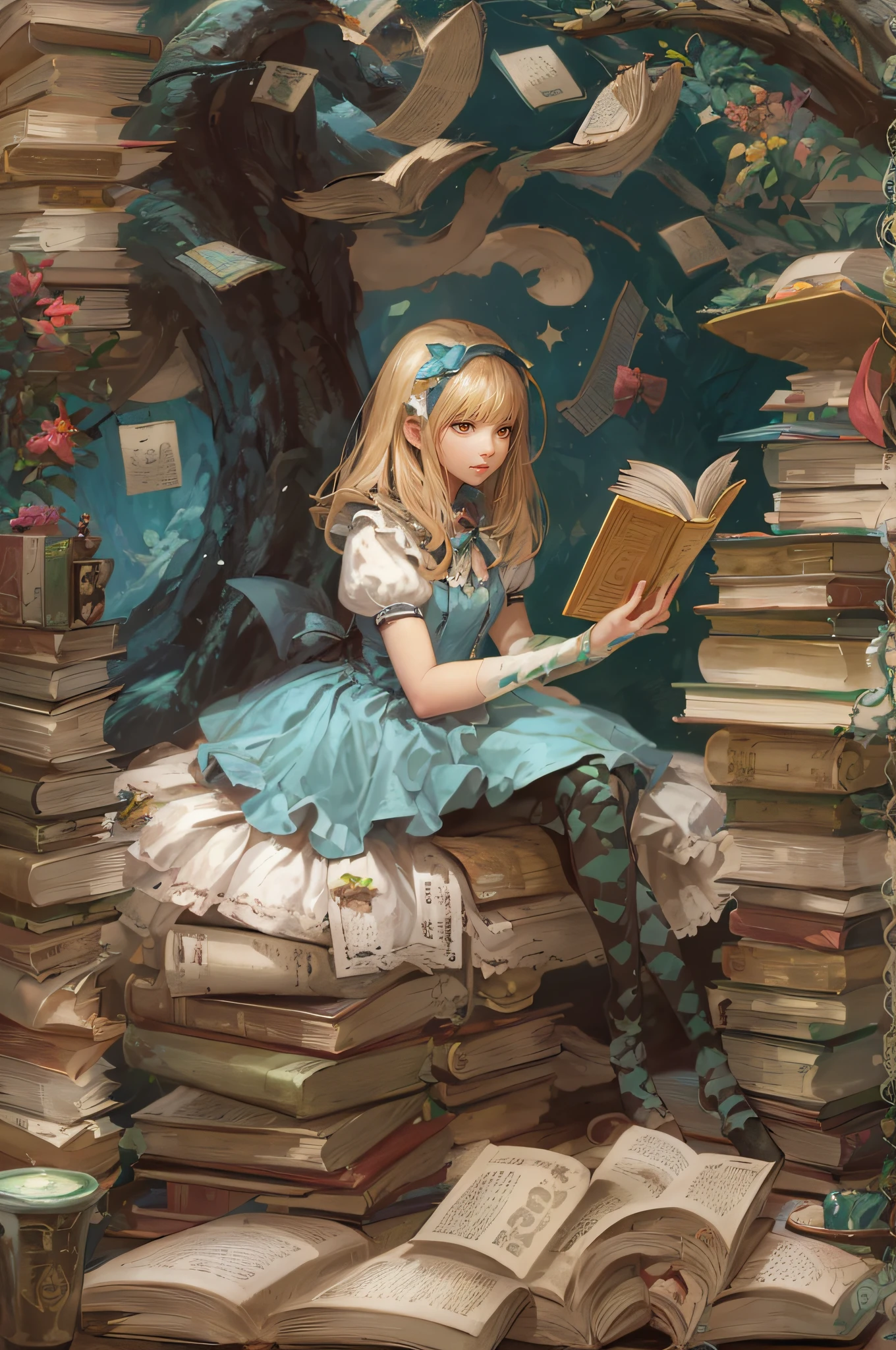 (Dreaming:1.2), (Fantasy:1.2), 1Girl, Only One Girl, Solo, (Full Body:1.9), (Reading a book: 1.7), (Realistic book shape: 1.7), natural book form, (Many books:1.5), (5fingers in total: 1.5), (2 arms:1.7), (2 legs:1.7), 5fingers, complete 5fingers, natural 5fingers, Natural nail shape, (natural nails: 1.2),(Alice in Wonderland:1.1)