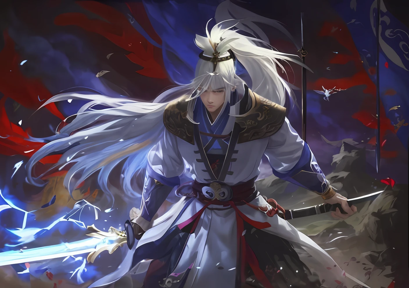a close up of a person holding a sword and a sword, by Yang J, Inspired by Huang Shen, G Liulian art style, Onmyoji detailed art, zhongli from genshin impact, Keqing from Genshin Impact, onmyoji, inspired by Hong Ren, inspired by Li Gonglin, White-haired god, author：Yang Jin