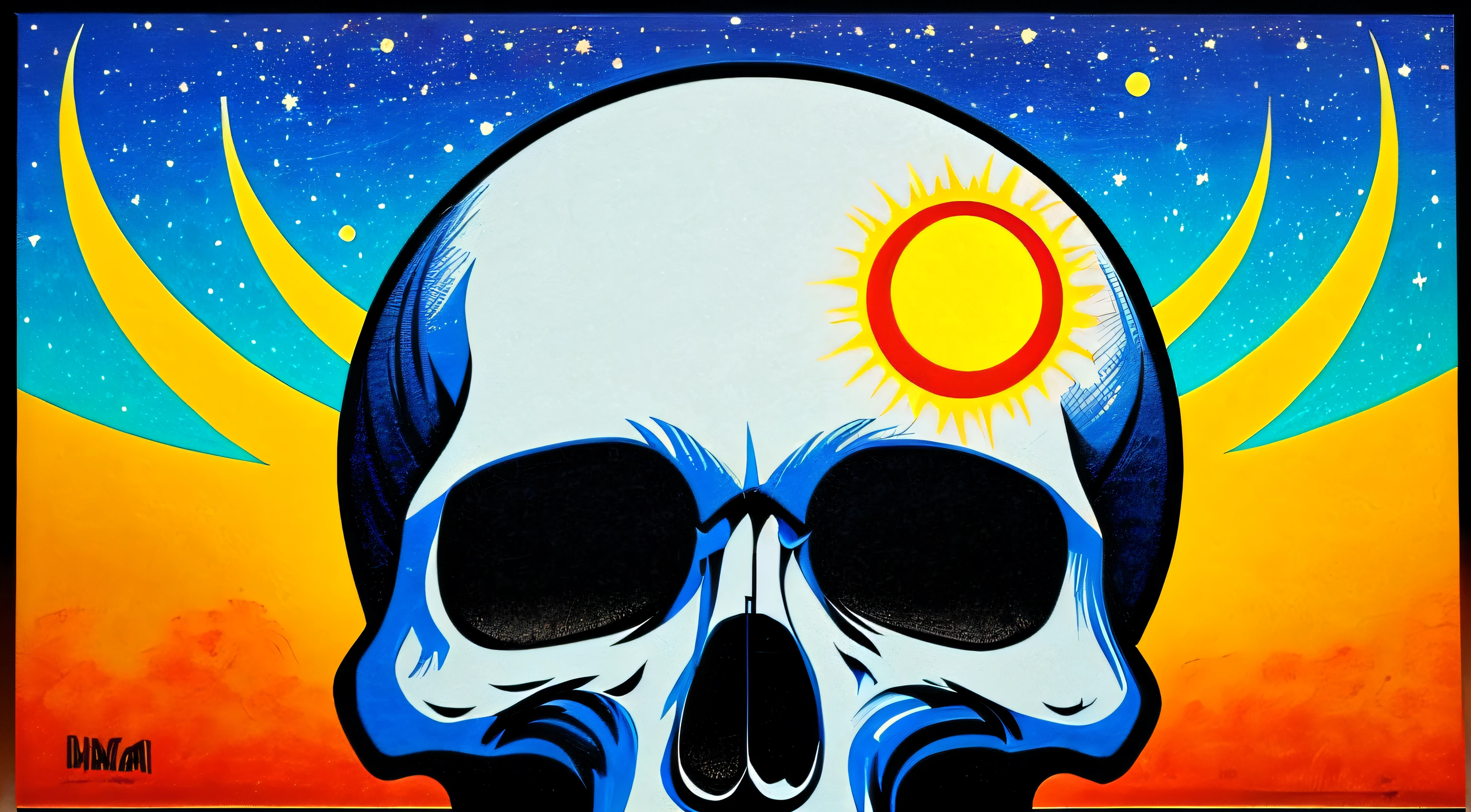 hawaii art, face in sun and moon, skull