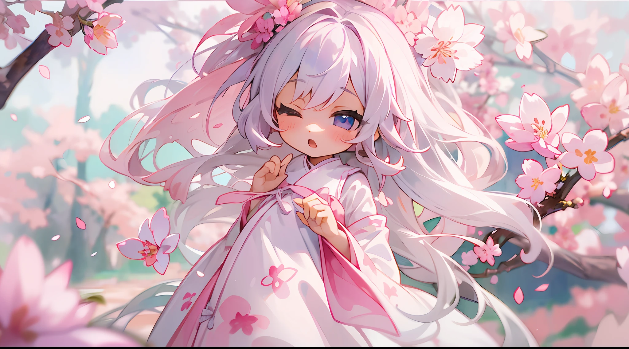 photoRealstic、Doll standing in front of the painting、bionde、Yawning face、Sengai、pixiv、rokoko、dollfie dream、watercolor Nendoroid、(High Definition Figure)、flowing sakura-colored silk、nendroid、highly_Detailed!!,Cherry blossom petals、Flowing cherry blossom silk、season!!: 🌸 ☀ 🍂 ❄