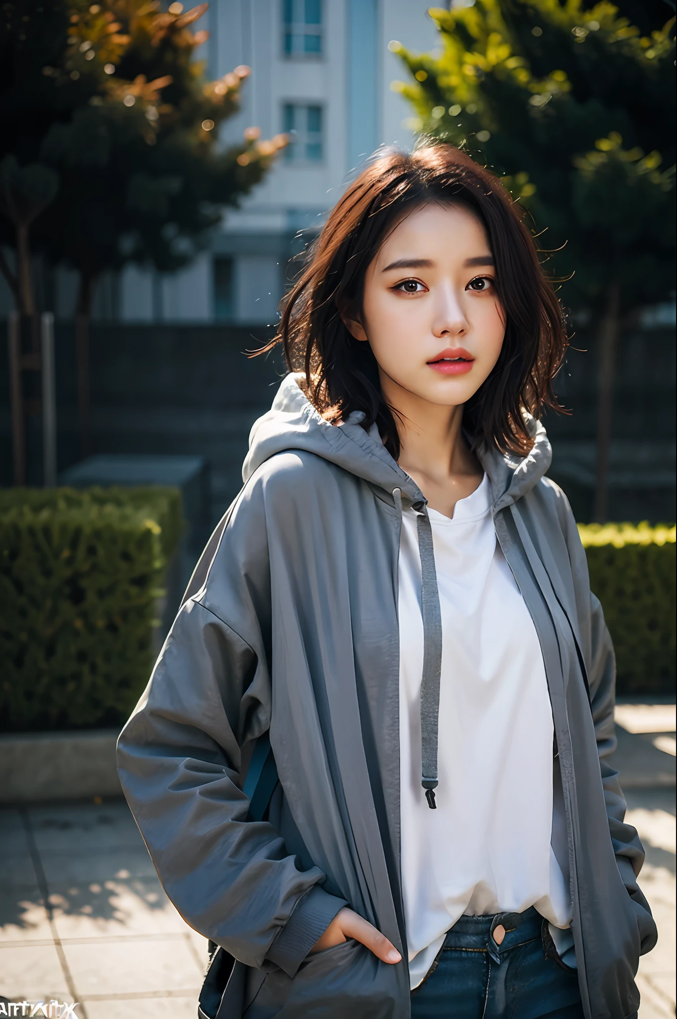 1girl, jacket, rain, outdoor, hoodie, open jacket, chain, backpack, looking at another, messy hair, trending on artstation, 8k resolution, highly detailed, anatomically correct, sharp image, digital painting, concept art, trending on pixiv, style of makoto shinkai,