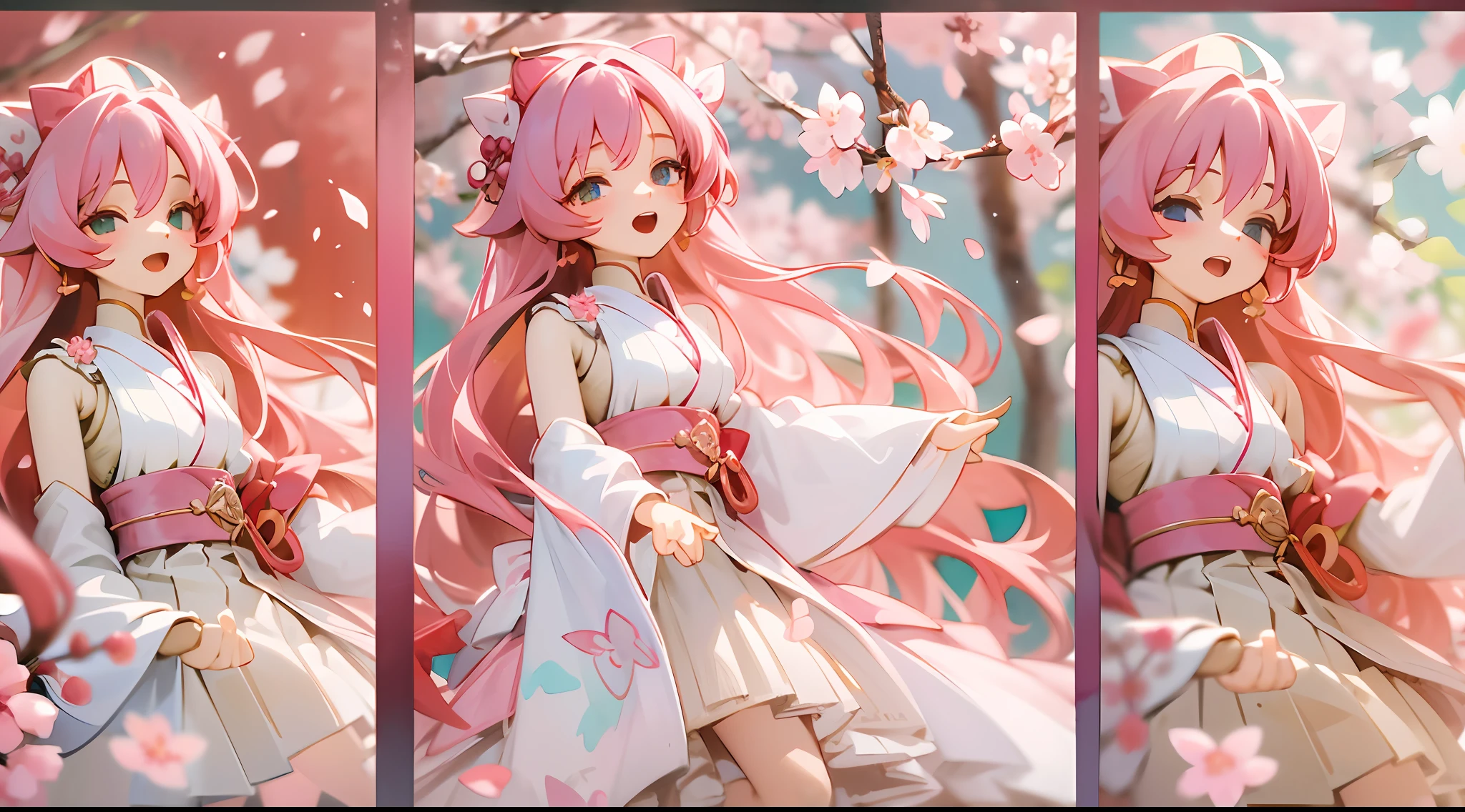 photoRealstic、Doll standing in front of the painting、bionde、Yawning face、Sengai、pixiv、rokoko、dollfie dream、watercolor Nendoroid、(High Definition Figure)、flowing sakura-colored silk、nendroid、highly_Detailed!!,Cherry blossom petals、Flowing cherry blossom silk、season!!: 🌸 ☀ 🍂 ❄