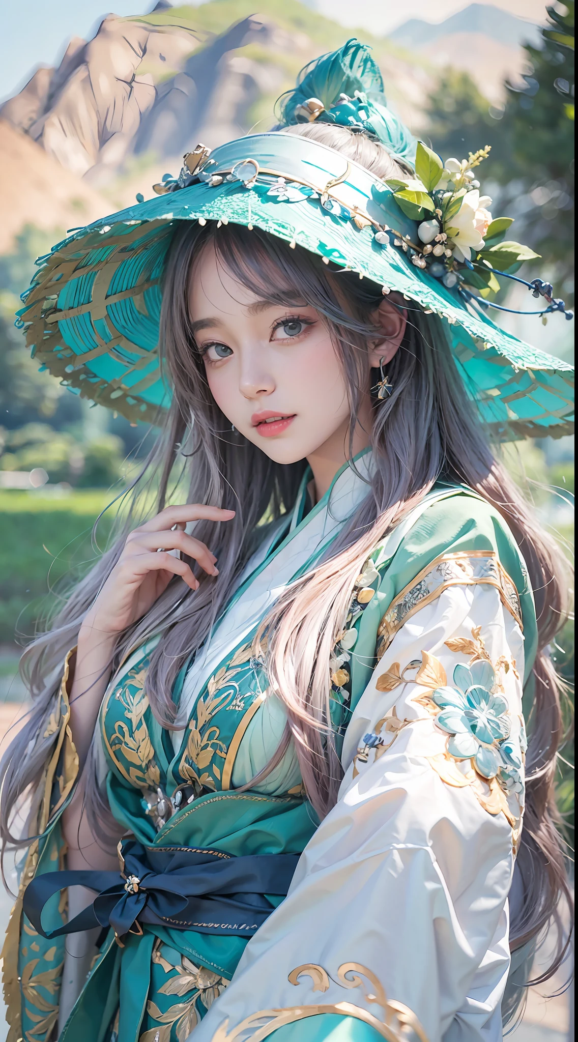 A beautiful young woman poses outside，A half body，having fun，In the style of Kawacy, Blue and white colors, yeong-hao han, Green mountains，green waters，webcam photography, Detailed costumes, Rodenstock Imagon 300mm F/5.8, Realistic impressions，soothing tones，pastel colour，