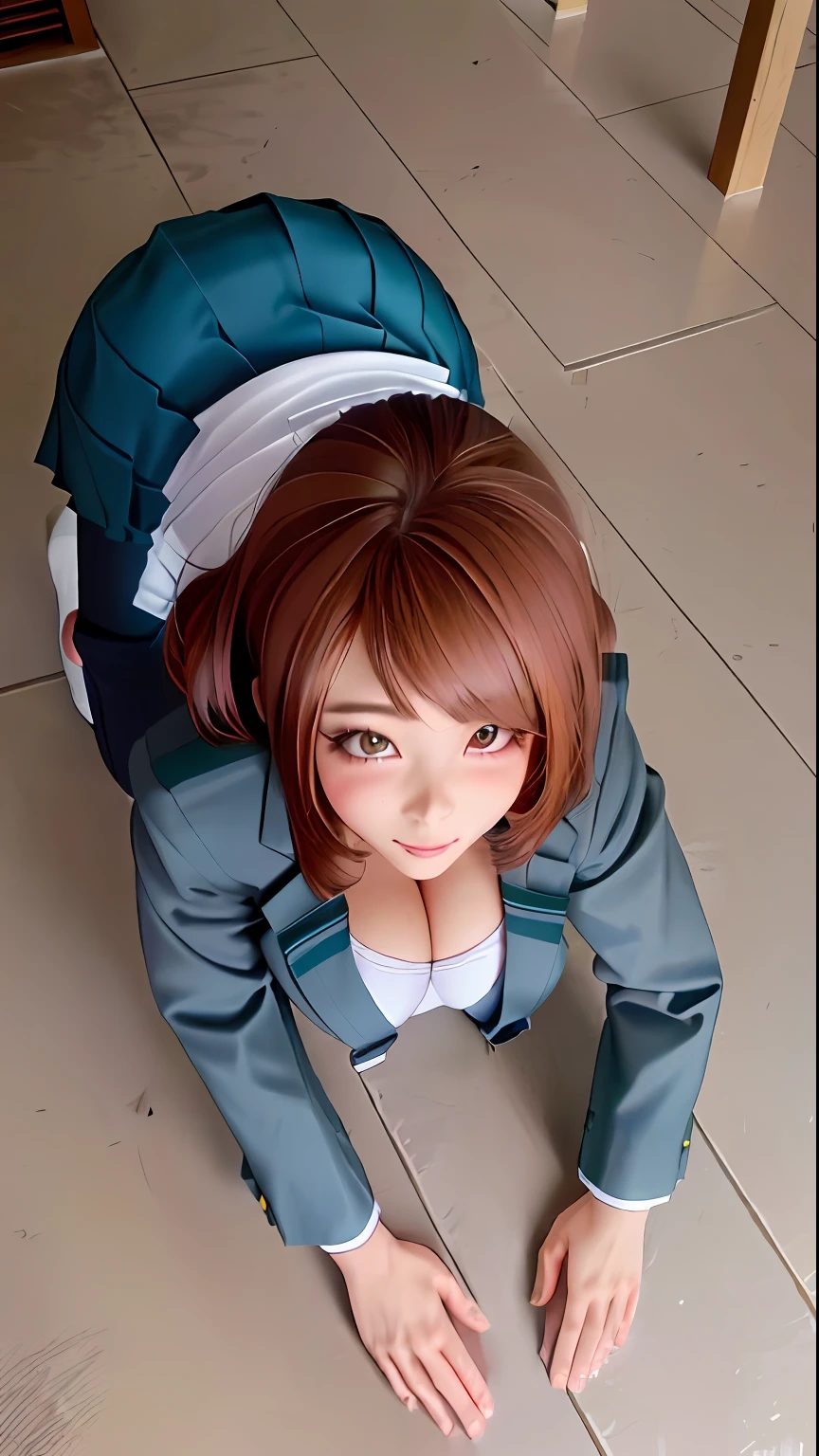 1 Anime girl with school suit, (Japanese school uniform), (on all fours, dog pose), beautiful face, (big tits, big butt, curvy) (masterpiece, extremely detailed, excellent quality),