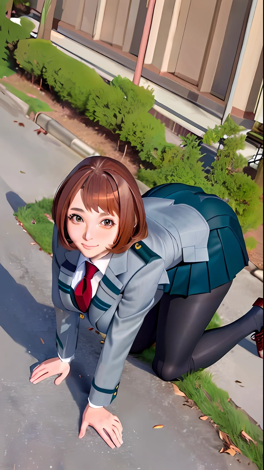 1 Anime girl with school suit, (Japanese school uniform), (on all fours, dog pose), beautiful face, (big tits, big butt, curvy) (masterpiece, extremely detailed, excellent quality),