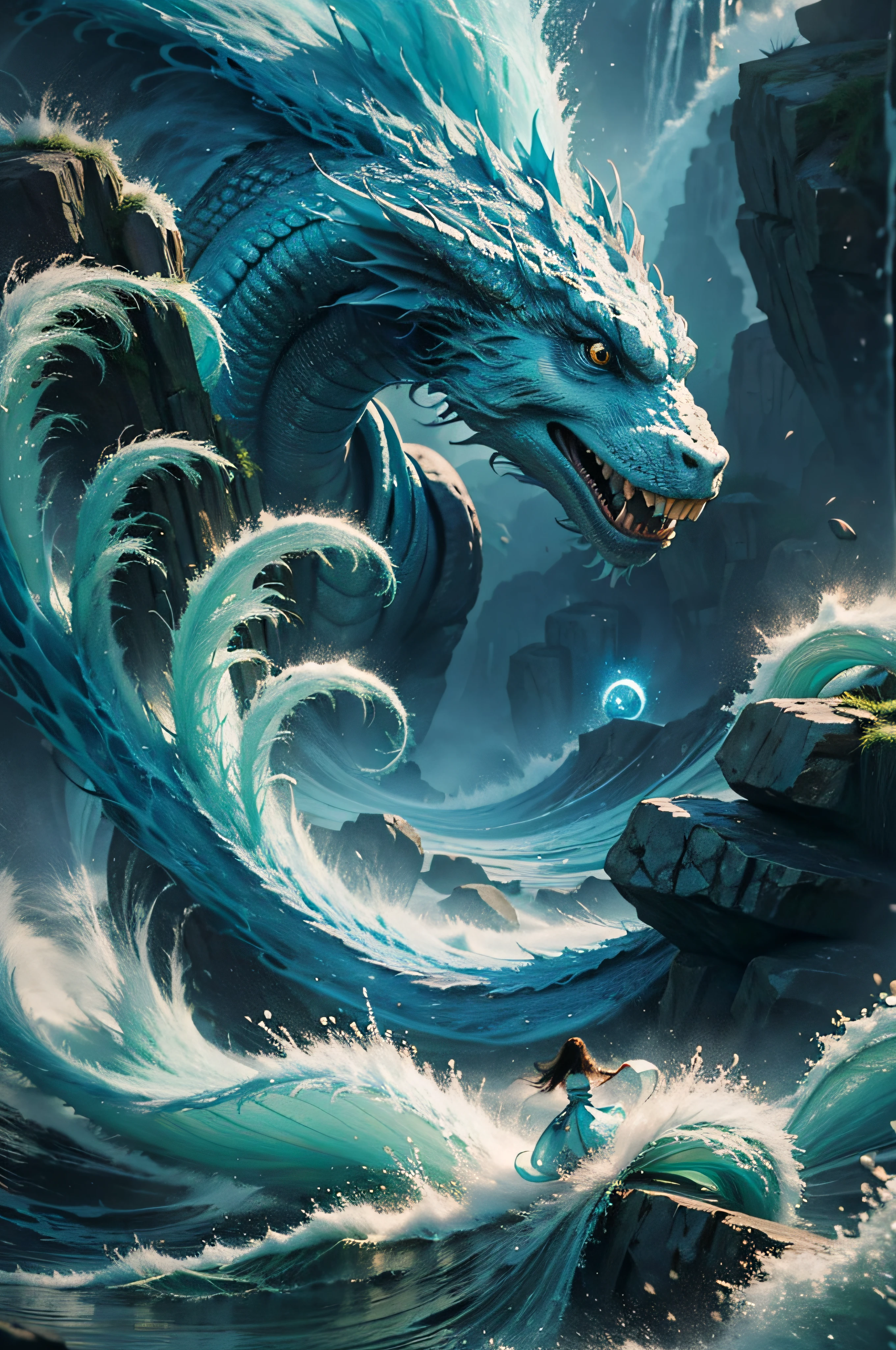 best qualtiy,tmasterpiece,超A high resolution,Background waves,water dragon,water sphere,natural soft light,photograph realistic, (tmasterpiece,best qualtiy:1.4),(hoang lap,A high resolution,hyper-detailing:1.2),(using dark magic:1.4),Water magic,Playful illustration,Imaginative overlays,artistic fusion,Fantastic scenes,evocative narratives,striking visual effects