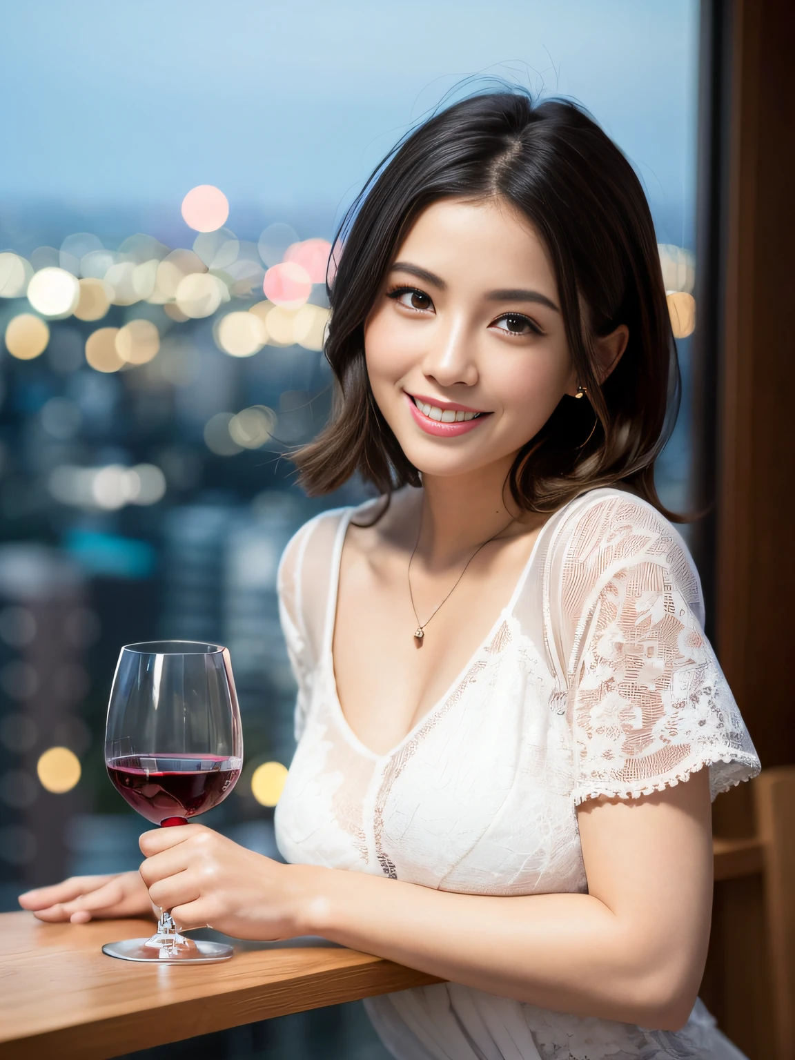(64K, UHD, top quality, masterpiece: 1.2), (realistic, photorealistic: 1.37), super detailed, pretty woman 1 person, (slim face), (slim body), (brown hair), (short cut), cheeks slightly blushing, (44 years old), 38 years old, solo, beautiful detailed urban night view outside the window, restaurant, wine glasses sit, at night, in a prominent placeNovaFrogStyle, Actress, Model, Waist Up, White Wine, Slim, Wine Glass, Super Clean Night View, Wine Glass Put in the Middle, Happy Smile, (Smile: 1.15), Beautiful Fine Eyes, Upper Body, Bust Japan Up, Night, Short, Short, Actress, Model, Waist Up, White Wine, Slim, Wine Glass, Super Clean Night View, Wine Glass Put in the Middle, Happy Smile,