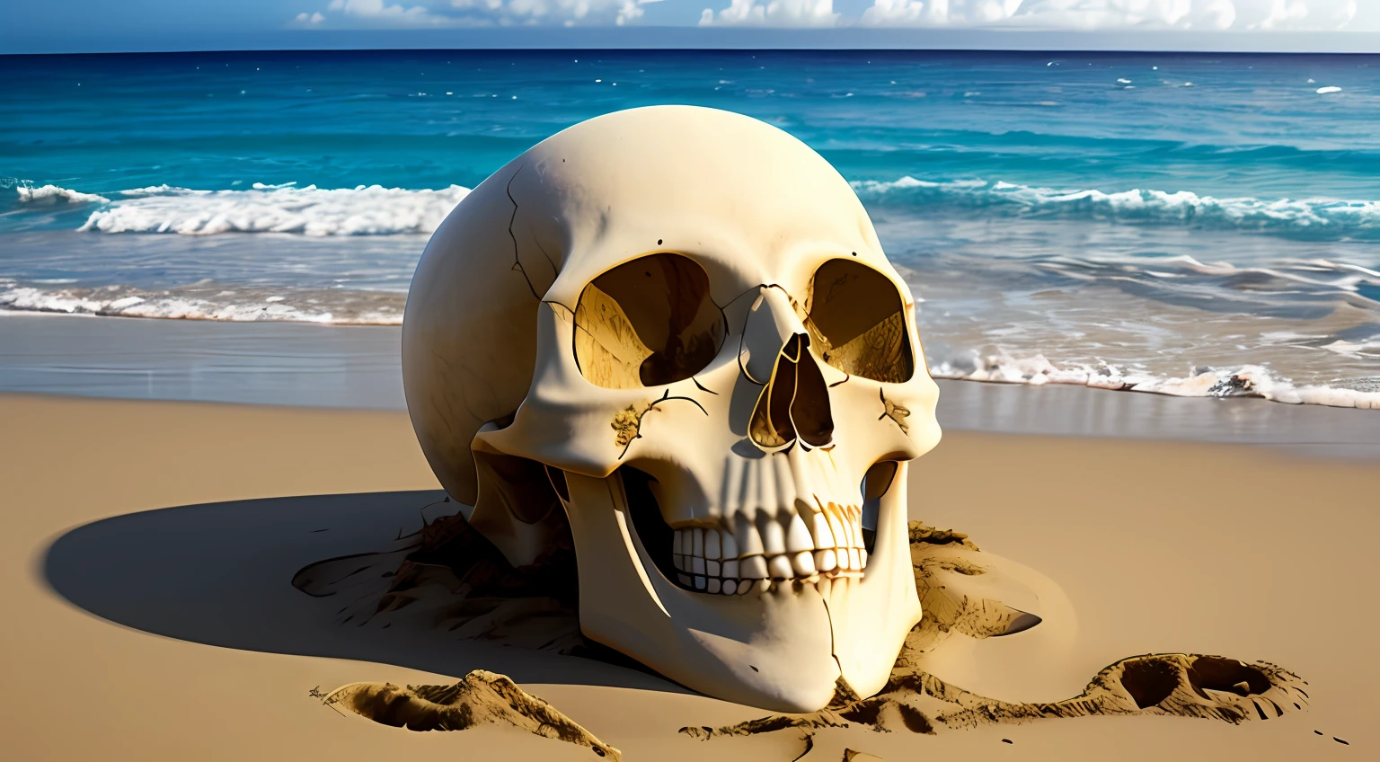 hawaii art, face in sun , skull, beach