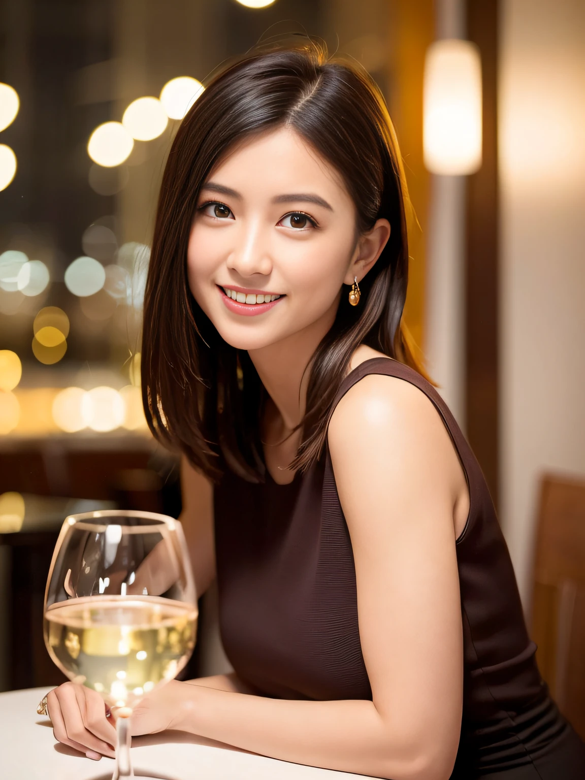 (64K, UHD, top quality, masterpiece: 1.2), (realistic, photorealistic: 1.37), super detailed, pretty woman 1 person, (slim face), (slim body), (brown hair), (short cut), cheeks slightly blushing, (44 years old), 38 years old, solo, beautiful detailed urban night view outside the window, restaurant, wine glasses sit, at night, in a prominent placeNovaFrogStyle, Actress, Model, Waist Up, White Wine, Slim, Wine Glass, Super Clean Night View, Wine Glass Put in the Middle, Happy Smile, (Smile: 1.15), Beautiful Fine Eyes, Upper Body, Bust Japan Up, Night, Short, Short, Actress, Model, Waist Up, White Wine, Slim, Wine Glass, Super Clean Night View, Wine Glass Put in the Middle, Happy Smile,