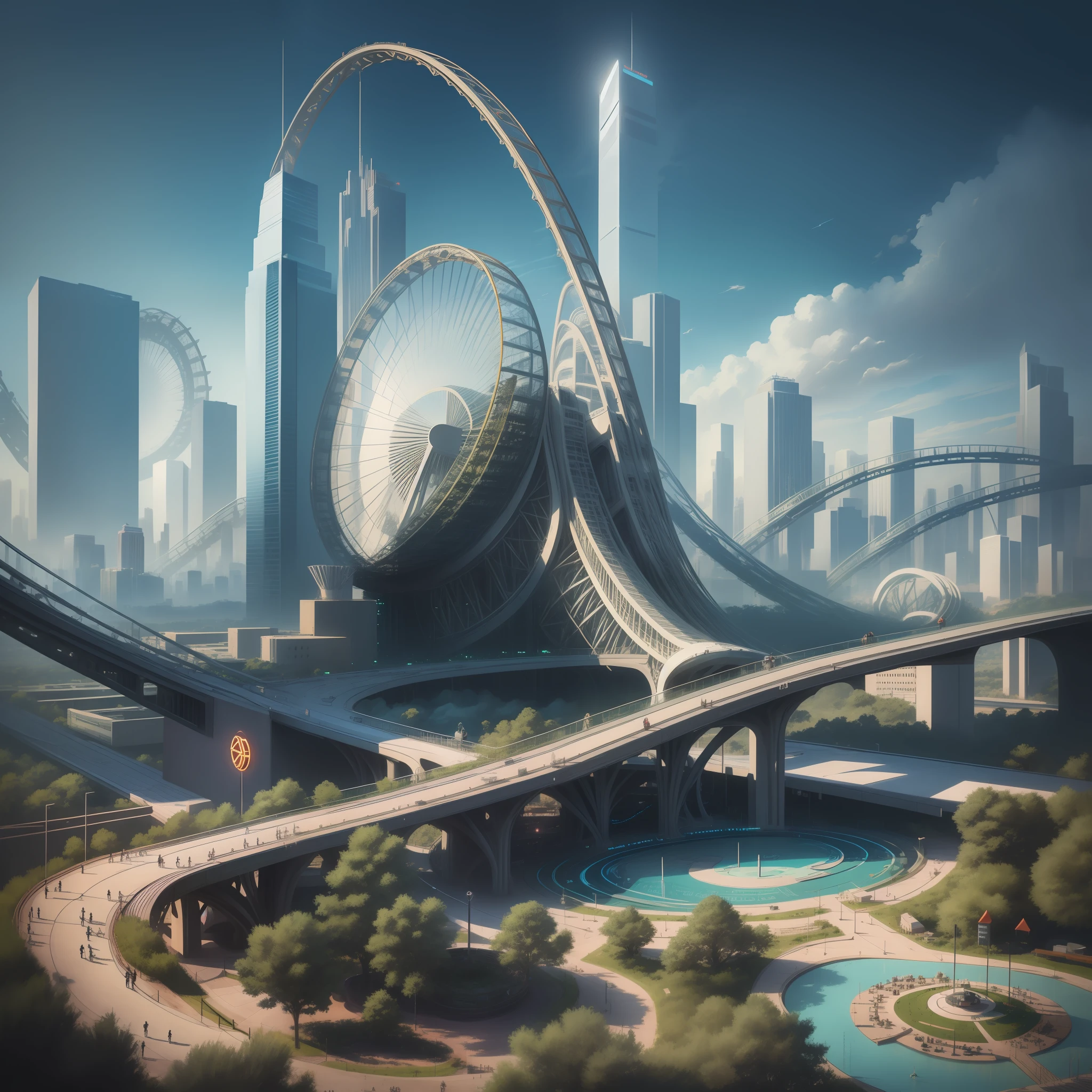 Megacities　Skyscrapers　rollercoaster　cyberpunked　epcot　top-quality　SF masterpiece　超A high resolution　dream