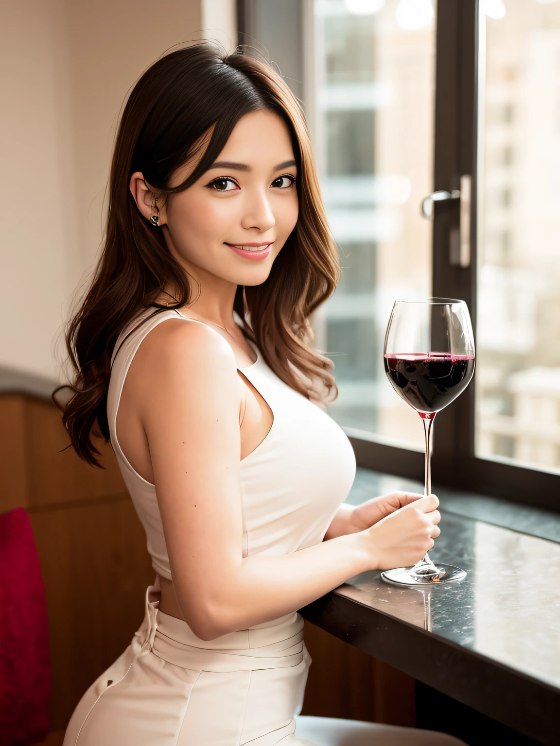 (64K, UHD, top quality, masterpiece: 1.2), (realistic, photorealistic: 1.37), super detailed, pretty woman 1 person, (slim face), (slim body), (brown hair), (short cut), cheeks slightly blushing, (44 years old), 38 years old, solo, beautiful detailed urban night view outside the window, restaurant, wine glasses sit, at night, in a prominent placeNovaFrogStyle, Actress, Model, Waist Up, White Wine, Slim, Wine Glass, Super Clean Night View, Wine Glass Put in the Middle, Happy Smile, (Smile: 1.15), Beautiful Fine Eyes, Upper Body, Bust Japan Up, Night, Short, Short, Actress, Model, Waist Up, White Wine, Slim, Wine Glass, Super Clean Night View, Wine Glass Put in the Middle, Happy Smile,