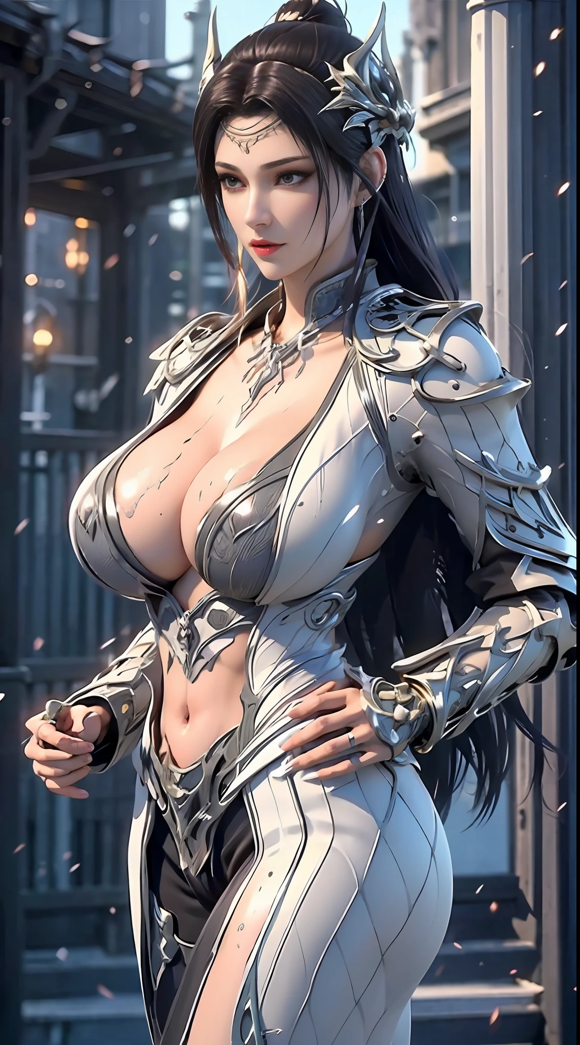((Unreal Engine 5)), Realistic Rendering, Excellent, Full armor, knight Cloak, helm, (Yoga hotpants), looking on camera, sexy posing walking down on street, beautiful face, kpop makeup, CGmix, (photorealism:1.2), (perfect fingers), ultrarealistic uhd face, (huge fake boobs:1.4), (gigantic breasts:1.1), (muscle abs), (big butt), (wide hips), (thick thighs), slim waist, hourglass figure, half body, ((glowing skin)), ((shiny skin)), Realistic body, ((she is sexy body)), ((clean skin)), photorealistic, bokeh, motion blur, masterpiece, highres, 1080P, super detail, textured skin.