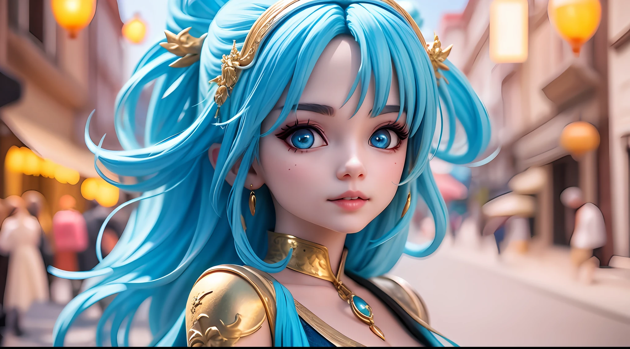85MM FIXED,Cinematic shots,high definition 4k,blue hairs,Golden dragon horn,Phnom rimmed blue fairy outfit,There are dragons and lizards around,Finger details,Complete hands,Complete fingers,pretty face,delicated face,HD face details,pretty eyes,largeeyes ,Full body like,(Realistic facial details:2),((Old town at night,,the night,On the streets of the old town:1.2))