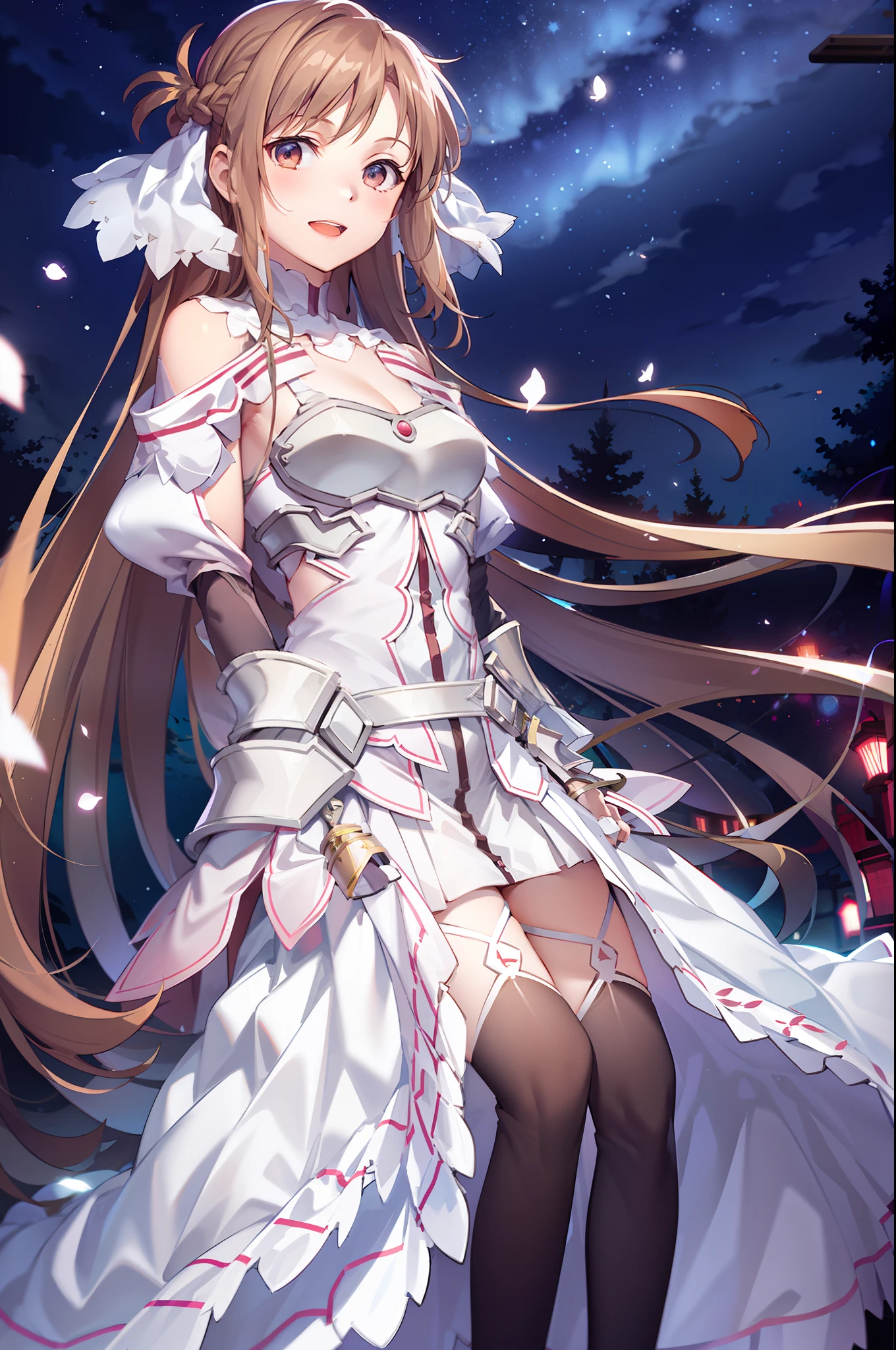 stacia, 1girl, solo, long hair, breasts, looking at viewer, smile, open mouth, bangs ,detailed eyes, beautiful background, (night sky, stars), hands on the chest,  brown hair, thighhighs, gloves, dress, cleavage, bare shoulders, brown eyes, very long hair, standing, full body, white gloves,  white dress, armor, white thighhighs, garter straps, fantasy, white armor,  abec,