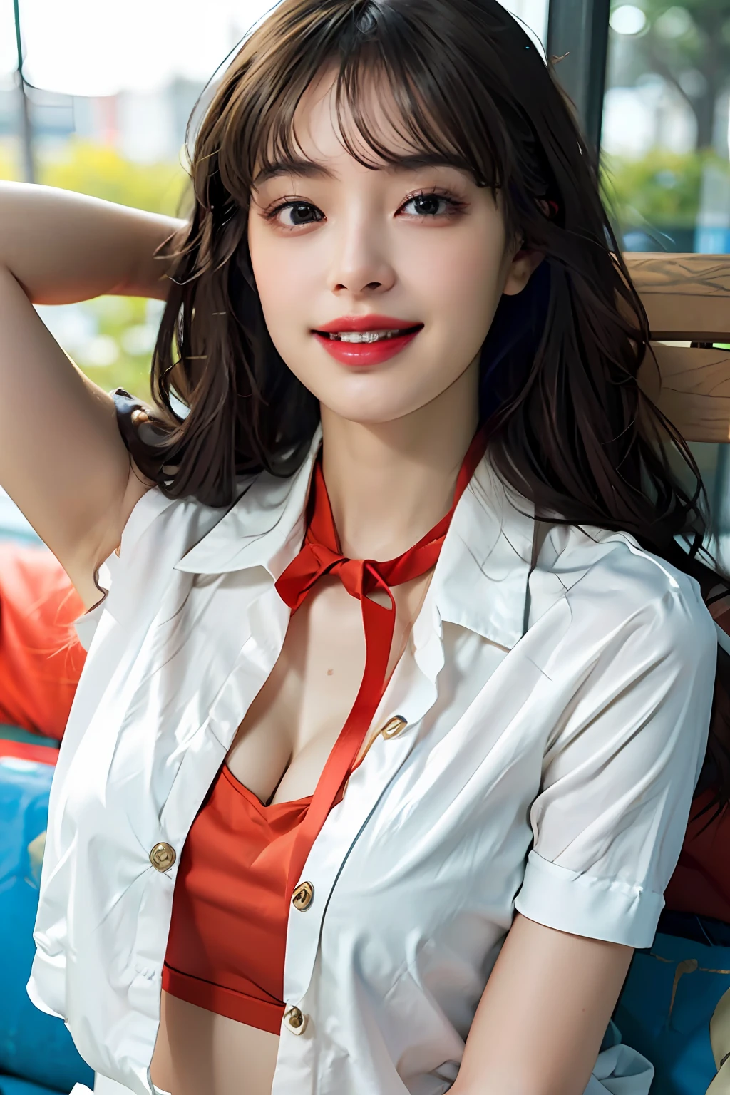 masterpiece、top-quality、realisitic、(A hyper-realistic), (illustratio), (hight resolution), (8K), (ighly detailed), (The best illustrations), (beatiful detailed eyes), (top-quality), (ultra-detailliert), (masterpiece), (wall-paper), (详细的脸), a bed、Upper body close-up,Armpit, A smile,Plump,独奏,(Wearing a silk plunged open shirt:1.5), full of sweat, japanes, large full breasts, (camel's toe)、huge-breasted、Luxury living room、Detailed white teeth、ultimate beauty girl、No bra、Wrap a red ribbon around your neck、perfect teeth、Perfect and beautiful female hands、Perfect tooth alignment、tre anatomically correct、On a park bench、Navel、s ass、Beautiful Kubire、