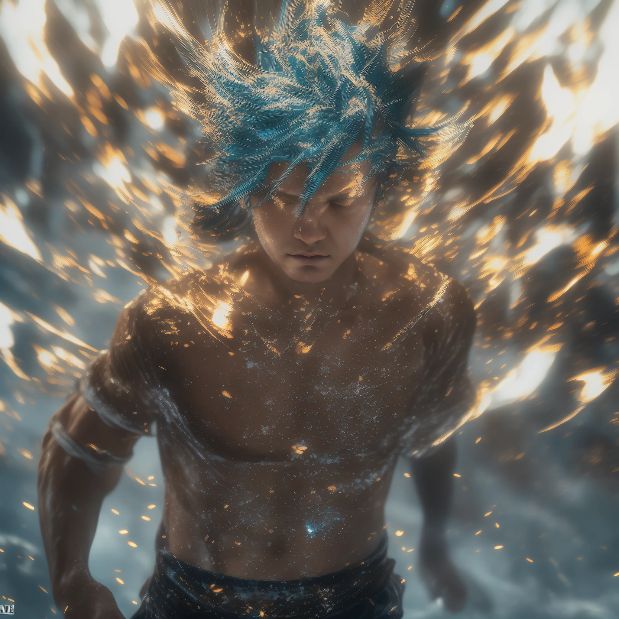 Real Human,NOWAI,nakeness,Bathing,man,The upper part of the body,multicolored hair, motion blur, chiaroscuro, depth of field, cinematic lighting, sparkle, ray tracing, chromatic aberration abuse, Social realism, Northern Renaissance, Luminism, Abstract expressionism, Classicism, textured skin
