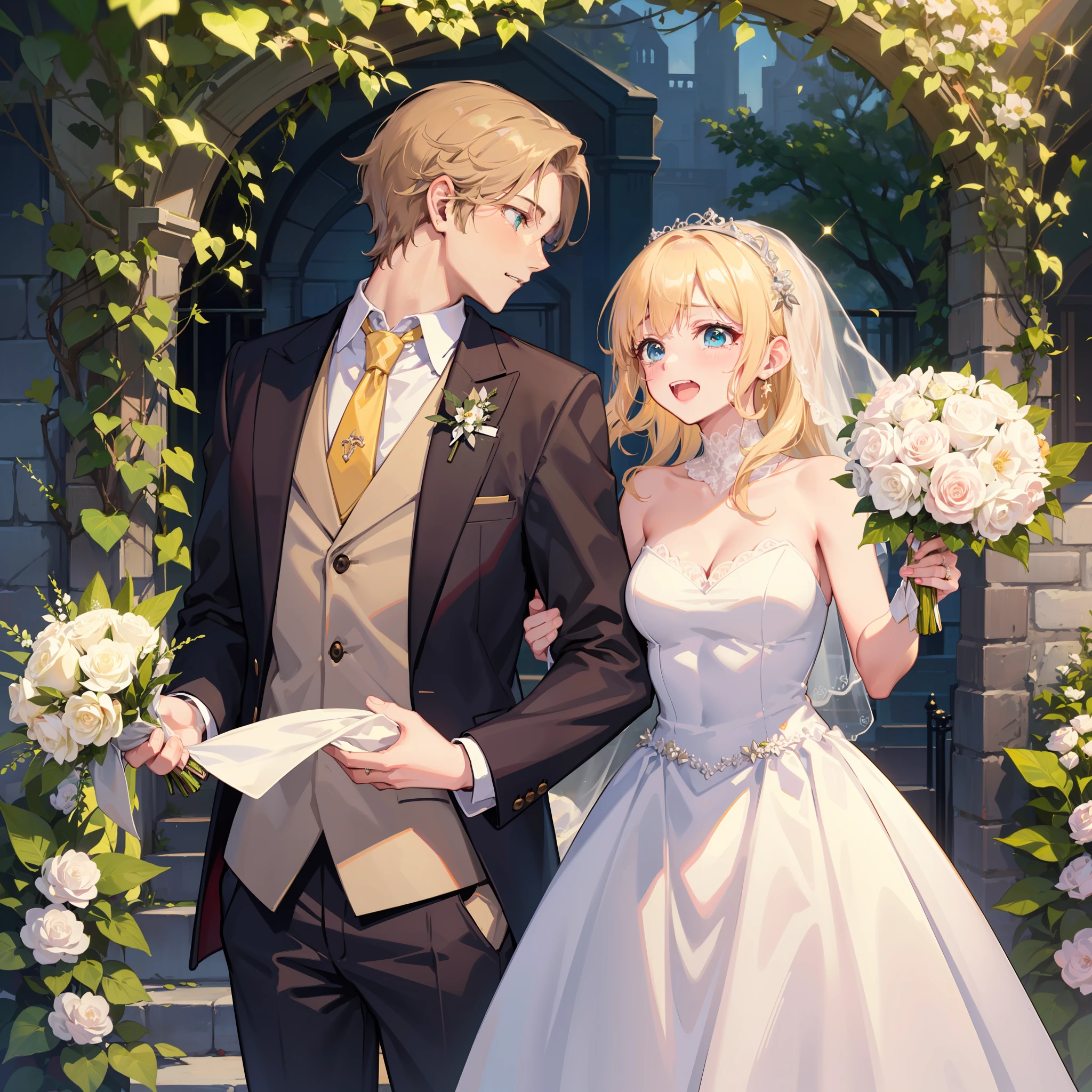 masterpiece, highlydetailed, ultra-detailed, light hair, green eyes, handsome groom, blonde wavy hair, long hair, blue eyes, beautiful bride, wedding, (white dress), (suit and tie), (flower bouquet), (wedding ring), romantic, joyful, outdoor ceremony, sunny day, golden hour lighting, (castle in the background), (lush green garden), (sparkling champagne), (happy guests), (wedding cake), (dance floor), (romantic first dance), (festive atmosphere), (tears of joy), (lively music), (emotional vows), (unforgettable memories)