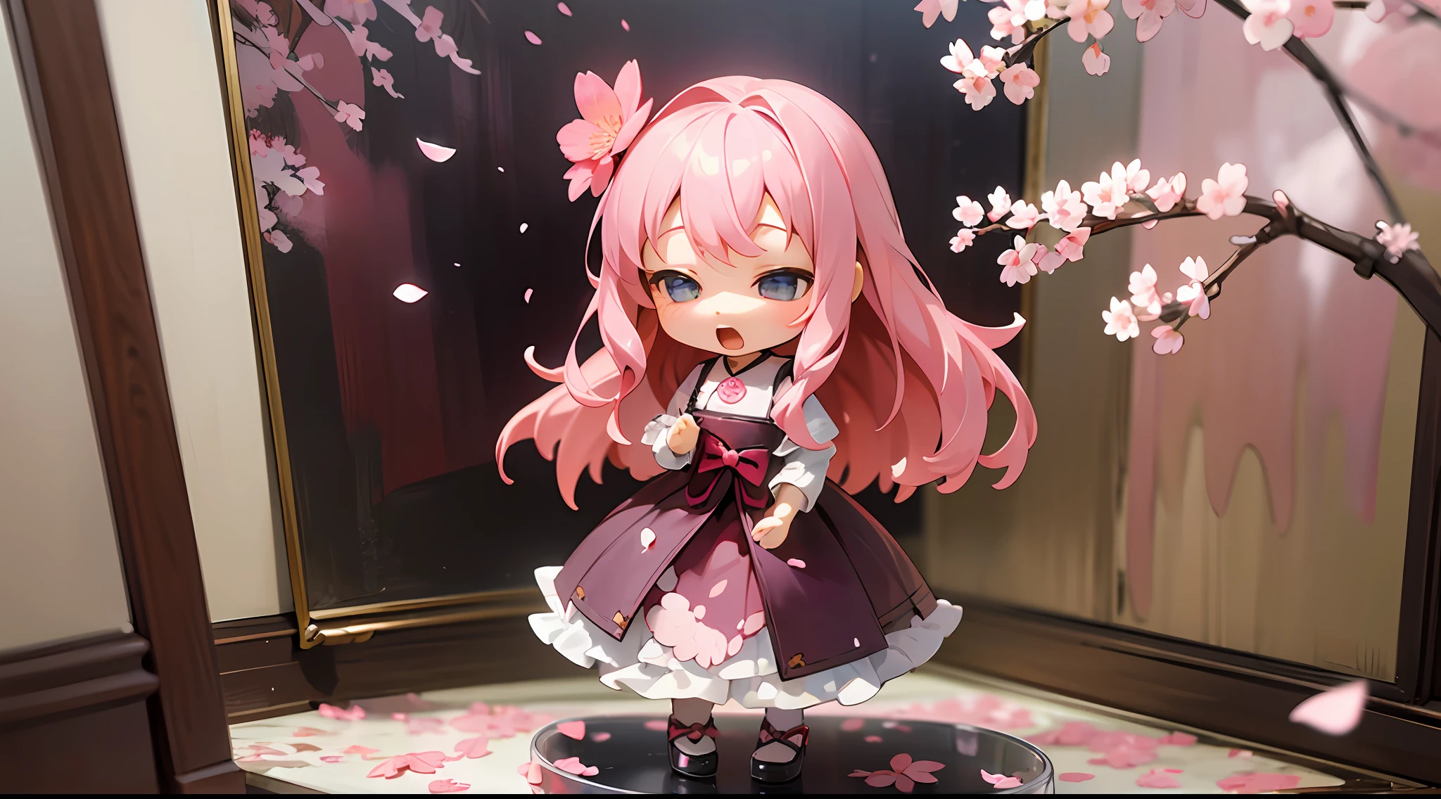 photoRealstic、Doll standing in front of the painting、bionde、Yawning face、Sengai、pixiv、rokoko、dollfie dream、watercolor Nendoroid、(High Definition Figure)、flowing sakura-colored silk、nendroid、highly_Detailed!!,Cherry blossom petals、Flowing cherry blossom silk、season!!: 🌸 ☀ 🍂 ❄