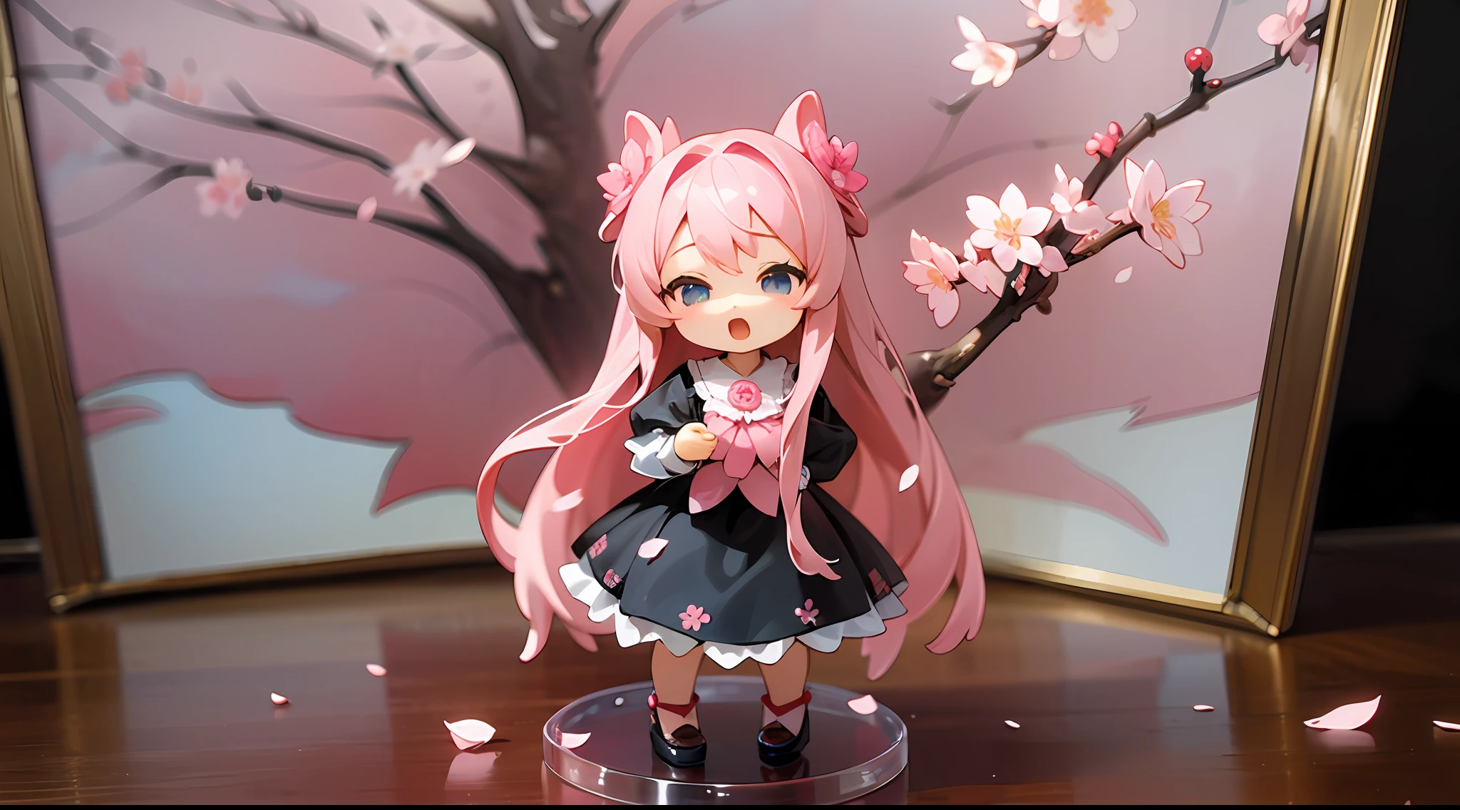 photoRealstic、Doll standing in front of the painting、bionde、Yawning face、Sengai、pixiv、rokoko、dollfie dream、watercolor Nendoroid、(High Definition Figure)、flowing sakura-colored silk、nendroid、highly_Detailed!!,Cherry blossom petals、Flowing cherry blossom silk、season!!: 🌸 ☀ 🍂 ❄
