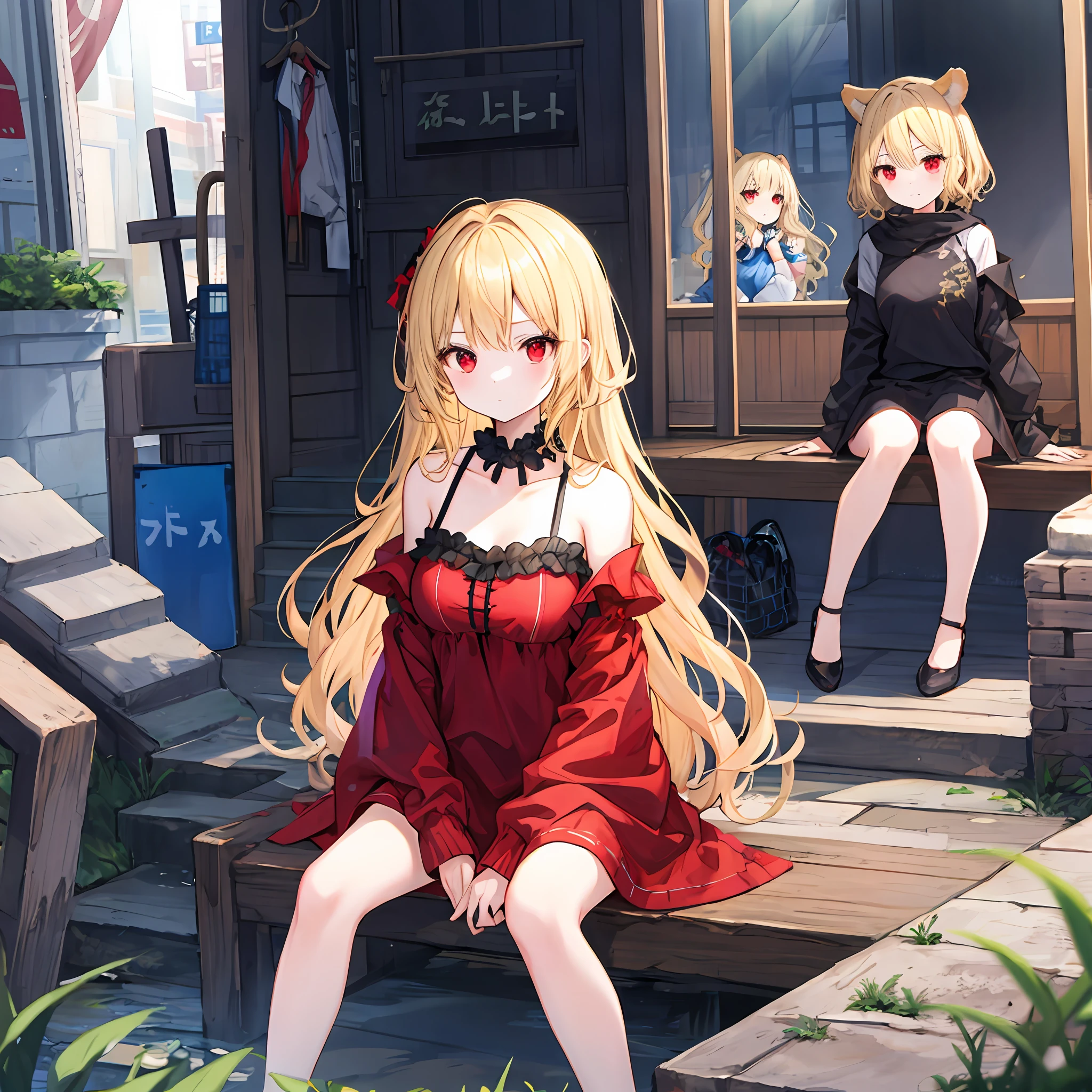 Wavy blonde girl、独奏、red eyes、doress、off shoulders、sitting with spreading legs