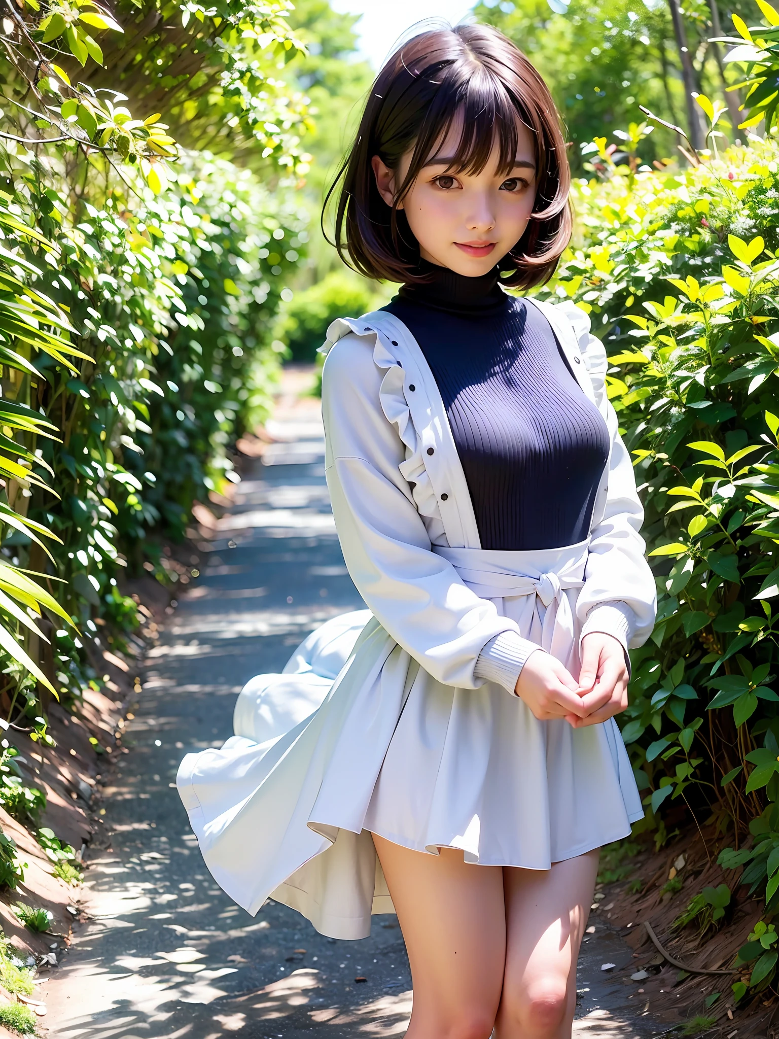 (dynamicposes:1.4), (dynamic ungle:1.4), Romper (细致背景:1.4)、hyper detailed background、(Floating light blue clouds:1.4)、(Floating blue flowers:1.4)、 Romper (perfect anatomia、perfect hand:1.4)、(Perfect five fingers:1.4)、(Perfect 4 long fingers and perfect short thumb:1.4)、(Thumb shorter than the other 4 fingers:1.4)、(Perfect two arms:1.4)、(Perfect two legs:1.4)、((top-quality、8K、masterpiece:1.3))、1girl in、A smile、full body Esbian、Slim Faces、Pretty women、(dark brown hair)、hyperdetailed face、A detailed eye、二重まぶた、blured background、Slim Faces、Cute、extremely delicate and beautiful girl、Happy smiling face、Overall、ultra-detailliert、4K、masutepiece、small mouth、Colossal tits、bura、Underpants、a short skirt,high waist skirt,high-necked,Sleeveless,bob cuts,long boots,ultra-detailliert, 4K, masutepiece,Smile,small mouth,white shirt、Skirts that show the body line、low angles、White sweater、Takushiage、