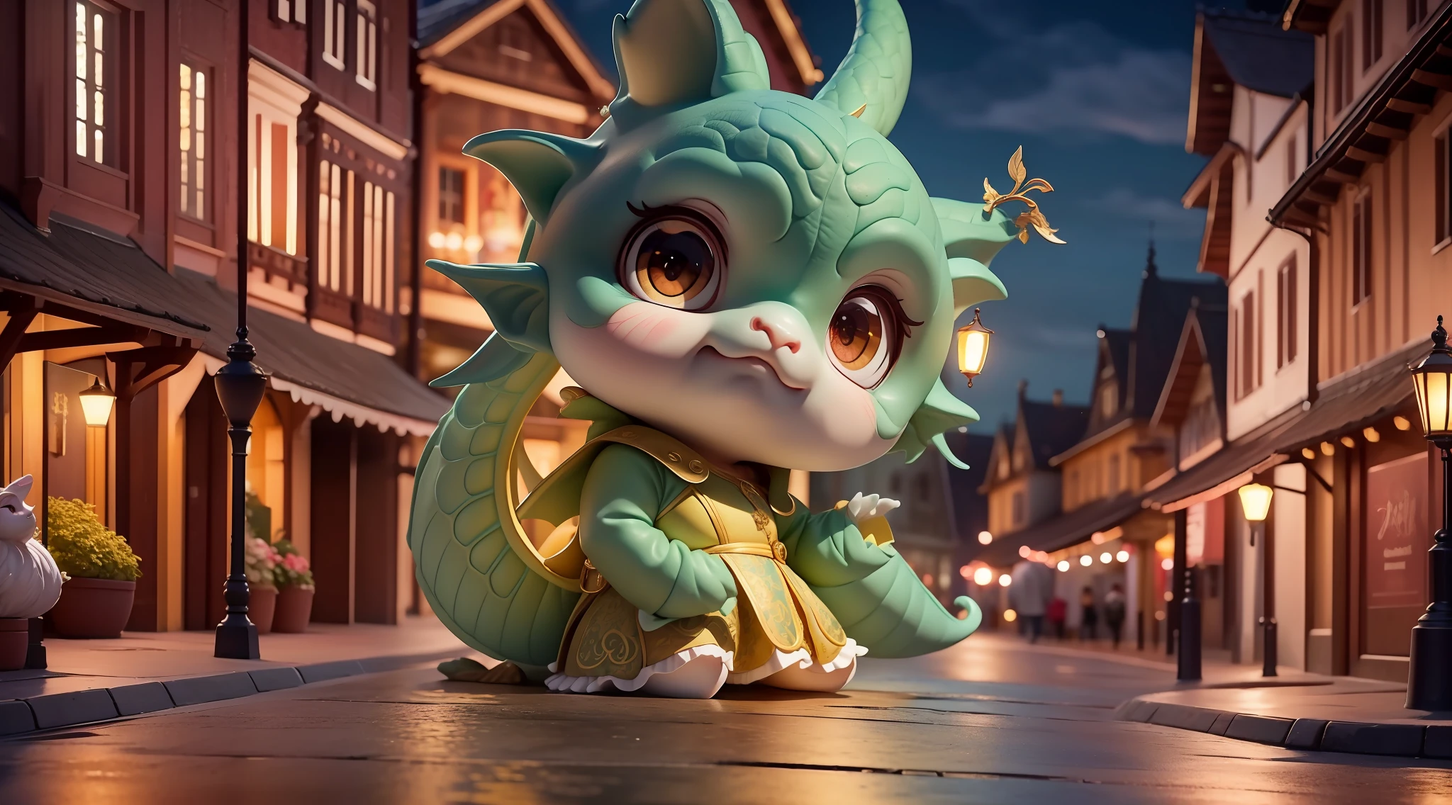 85MM FIXED,Cinematic shots,high definition 4k,A cute dragon,Chubby divine dragon,Big eyes,The expression is cute(Realistic facial details:2),((Old town at night,,the night,On the streets of the old town:1.2))