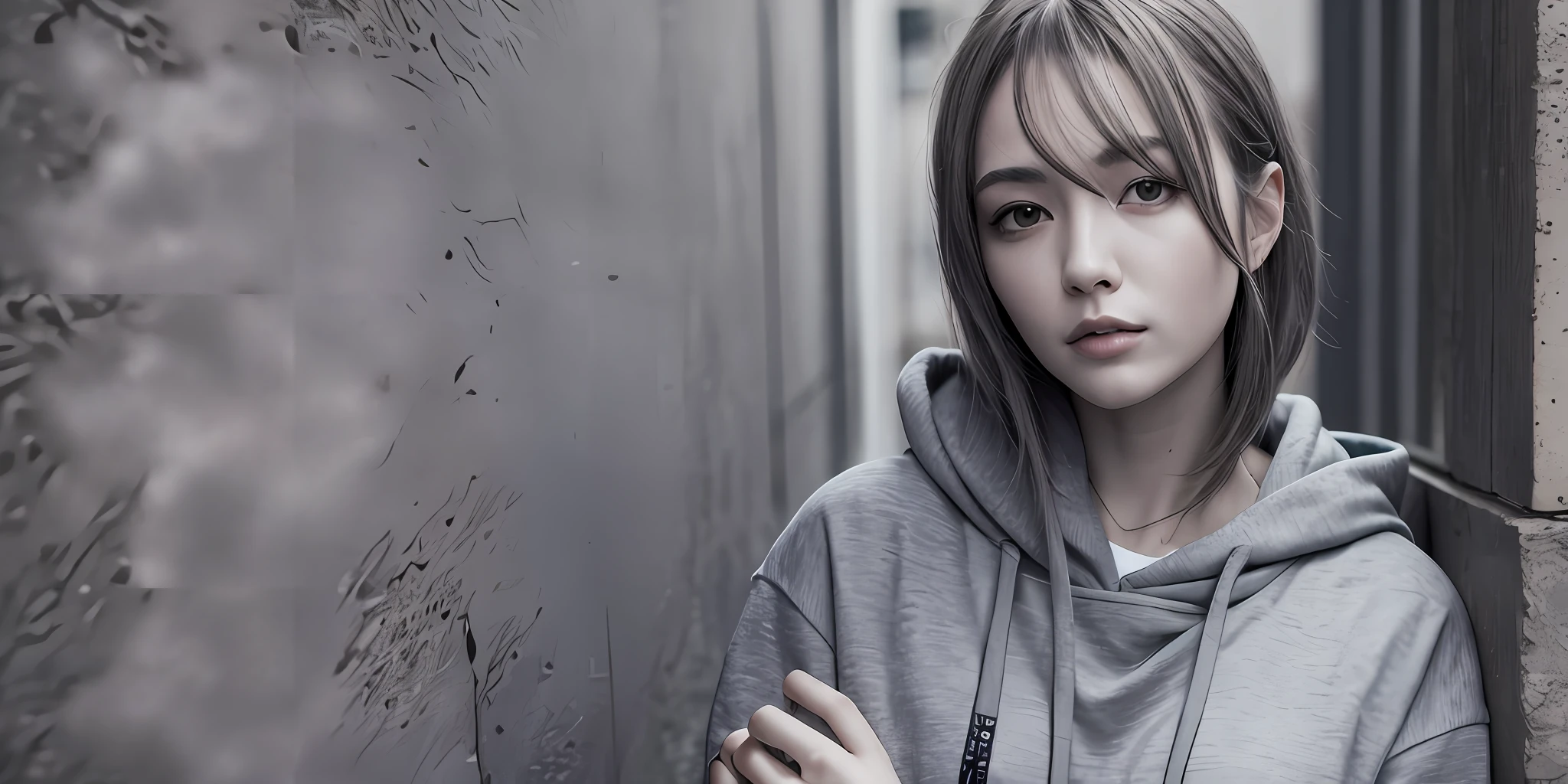 Masterpiece, photorealistic, ultra detail, 8k quality, woman wearing a hoodie, leaning against the wall, one hand tucked into her pocket, her other hand holding her hair, standing looking sideways, side face, hair forward, gray hoodie,