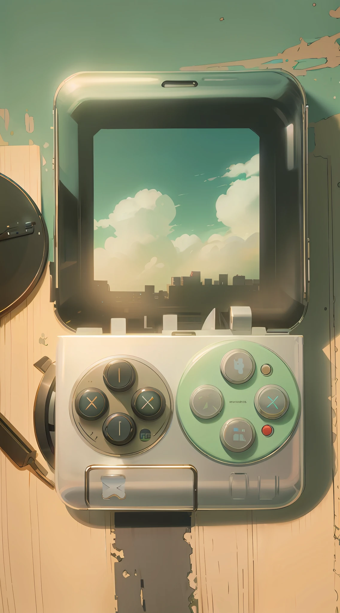 There is a game controller on the table,The background is a picture of the city, rendering by octane. By Makoto Shinkai, Anime style mixed with Fujifilm, Makoto Shinkai. rendering by octane, game aesthetic, detailed cinematic shot, Guibli. rendering by octane, video game control, ( ( Makoto Shinkai ) ), in the style of makoto shinkai