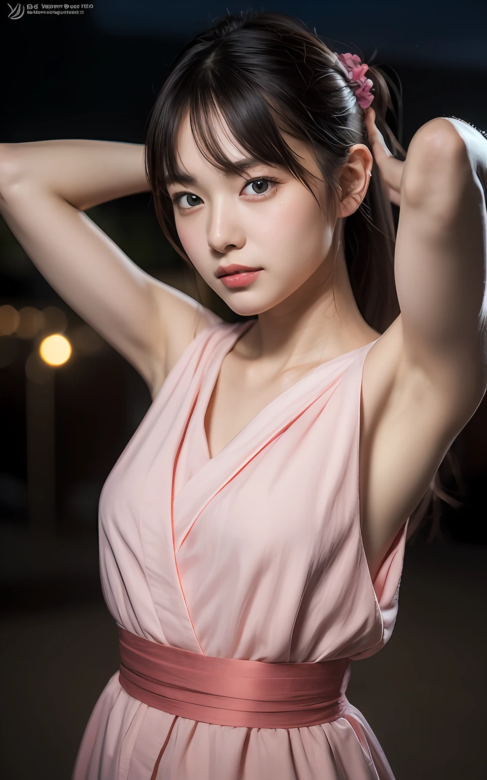 Highly detailed CG Unity 8k wallpaper, top quality, super detailed, masterpiece, realistic, photo realistic, very detailed cute girl, 25 years old, round eyes, viewer, blush, parted lips, upper body , (armpit) , pink yukata, festival, night