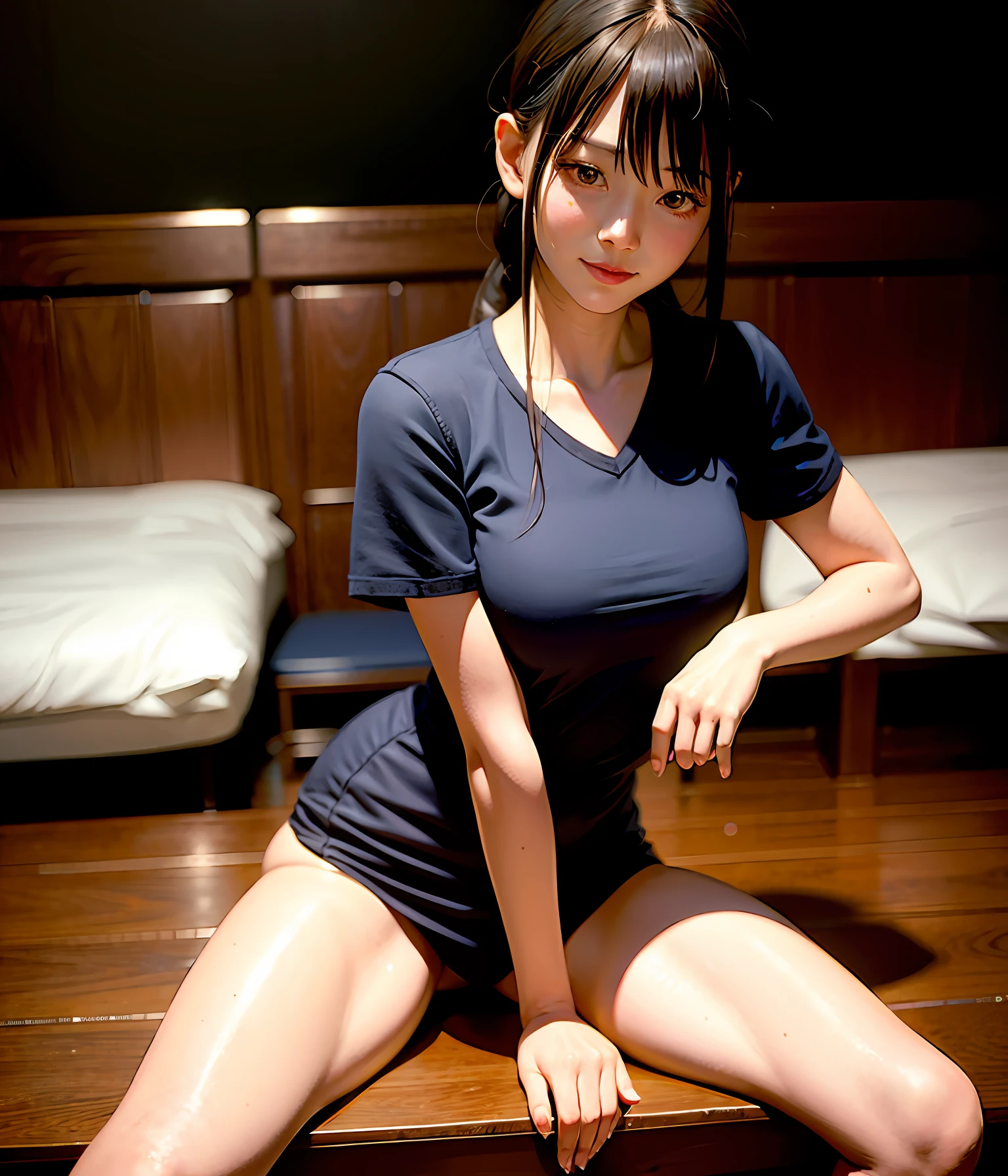 Sit on the bed with your legs spread out,Support your upper body with your arms,Facing the audience。(pantyless)