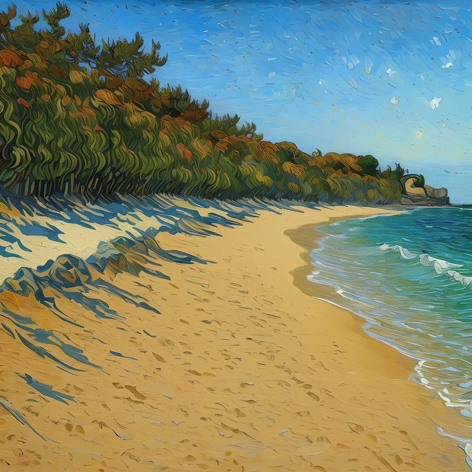 creative composition,Cool off on the beach in summer,Oil painting texture,Van Gogh's style of work --auto
