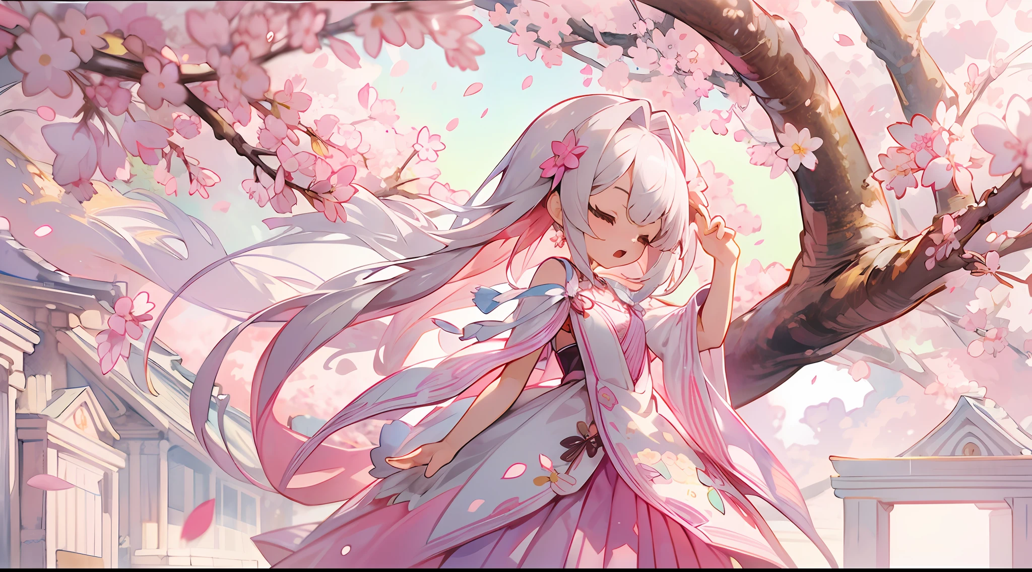 photoRealstic、Doll standing in front of the painting、bionde、Yawning face、Sengai、pixiv、rokoko、dollfie dream、watercolor Nendoroid、(High Definition Figure)、flowing sakura-colored silk、nendroid、highly_Detailed!!,Cherry blossom petals、Flowing cherry blossom silk、season!!: 🌸 ☀ 🍂 ❄