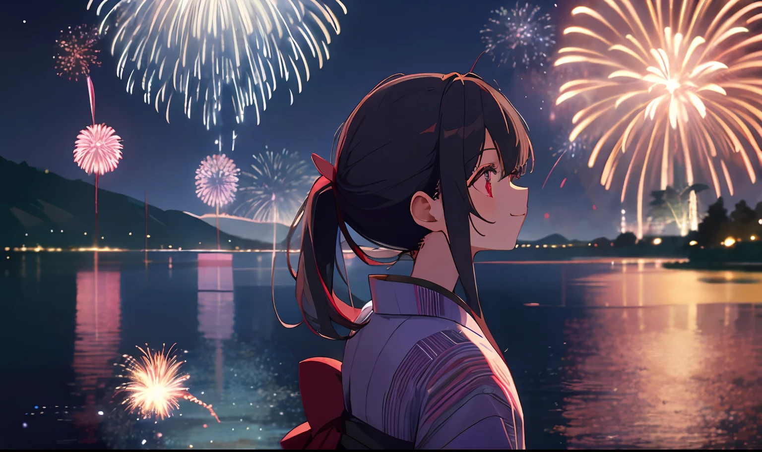 masterpiece、top-quality、"A beautiful woman in a yukata、Look up at fireworks and shooting stars in the night sky。Colorful fireworks and、Expressing the atmosphere of the New Year and festivities、In a focused cowboy shot、Perfect smile。Makes teeth look prettier。On the shore of the lake with the bridge in the background、Fireworks reflected on the surface of the water glitter、Lots of floating particles and colorful fireworks。”
1 girl、A dark-haired、The long-haired、poneyTail、nape、red eyes、Light smile、Look at viewers、have a bouquet、lilies\(florals\)、
red kimono、
(sparklers)、(aerial fireworks)、firework background、(natta)、shrines、lake、light reflections\(Eau)、