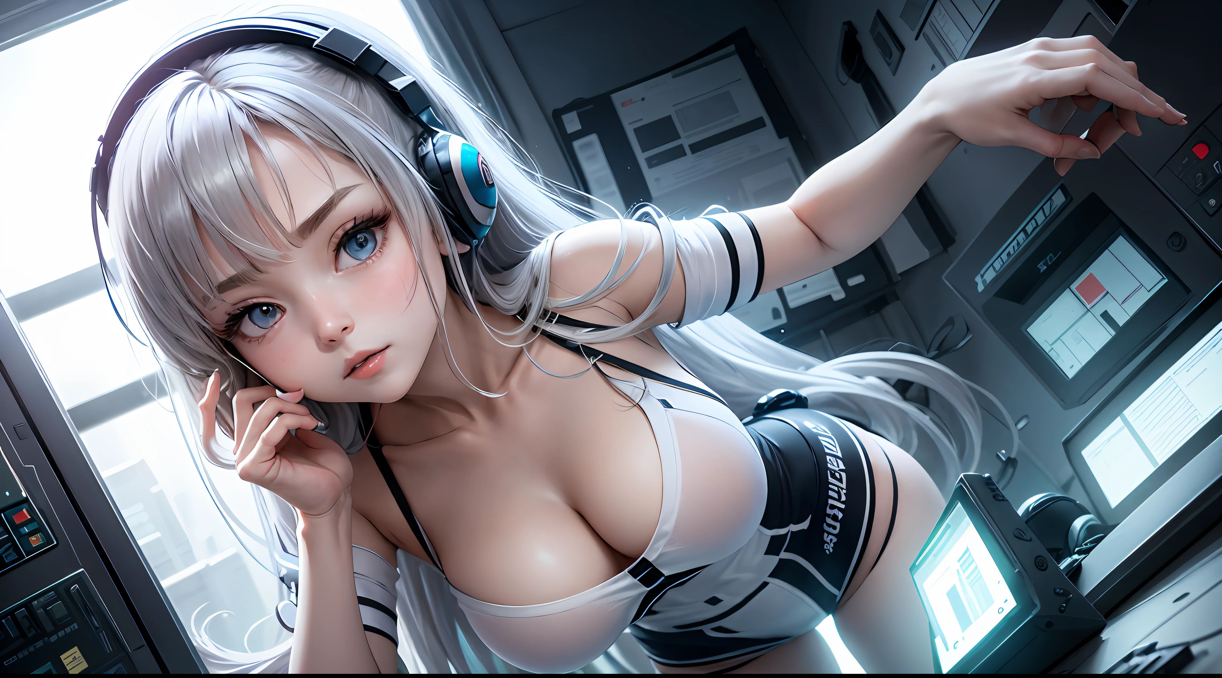（down view），dynamic angle，ultra - detailed，illustratio，closeup cleavage，Real Human，Straight Forward，1girll， （（souryuu Asuka Lanley，Interface headset，Bare chest：1.4，whaite hair）），Her eyes shone like dreamy stars，（glowing light eyes：1.233），（beautiful and detailed eye：1.1），（face expressionless，Keep your mouth shut），（standing on your feet）， （Mechanical room，Inside there are tools and spaceship windows in the white spaceship）， （the night：1.2），dream magical， [[Slender fingers and hands：0.55]：：0.85]，（detail finger）， --auto