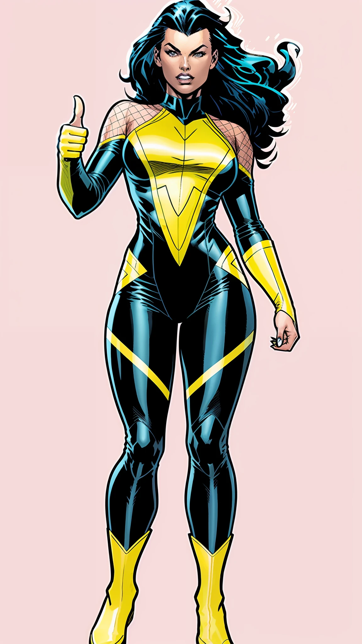 Woman in yellow and black costume giving thumbs up, X-Men costume, looks like Margot Robbie, new 52 style, russell dauterman, John Romita Jr, flowing black hair, modern comic book character, 2000's comics, spiderman but yellow, skinny, skin tight suit, enticing appearance, good hands, long yellow boots, sharp boots