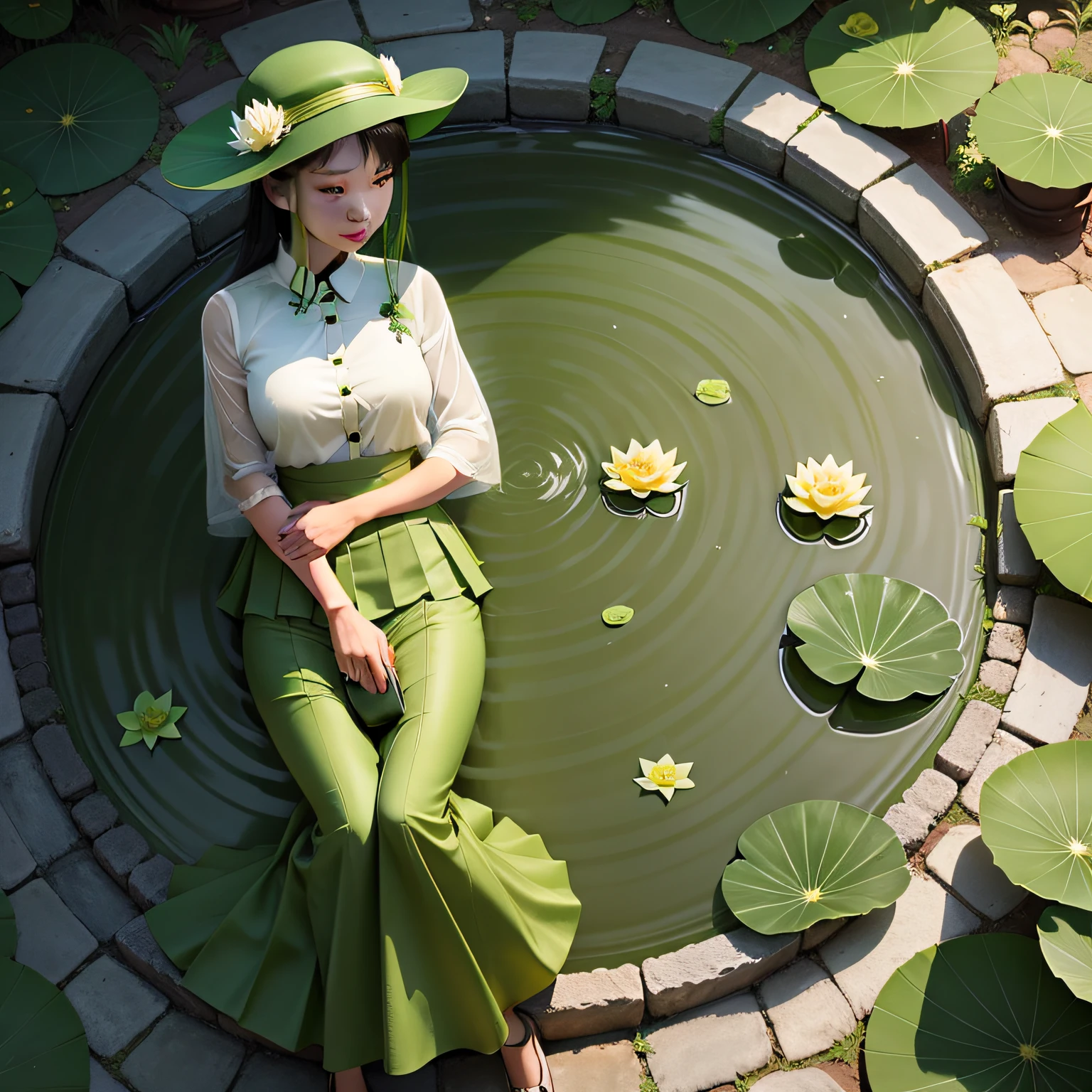 Lotus leaf,lotuses,Kizi,green long skirt,Green flower hat,Green bag,adolable --auto