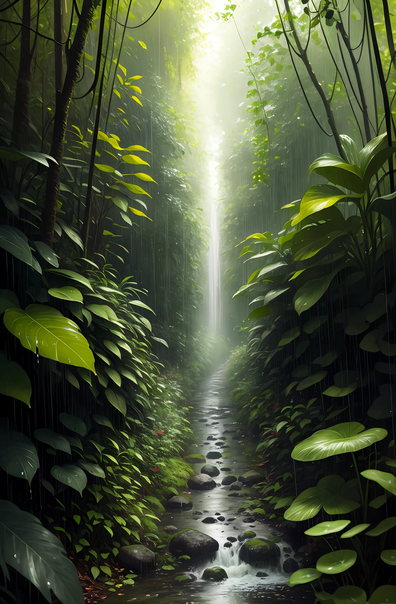 A jungle, with intense rainfall, monochromatic, vines all around, giant and wet trees, masterpiece, best quality, high quality, extremely detailed CG unity 8k wallpaper, oil paiting, award winning photography, Bokeh, Depth of Field, HDR, bloom, Chromatic Aberration ,Photorealistic,extremely detailed, trending on artstation, trending on CGsociety, Intricate, High Detail, dramatic, art by midjourney, volumetric lighting