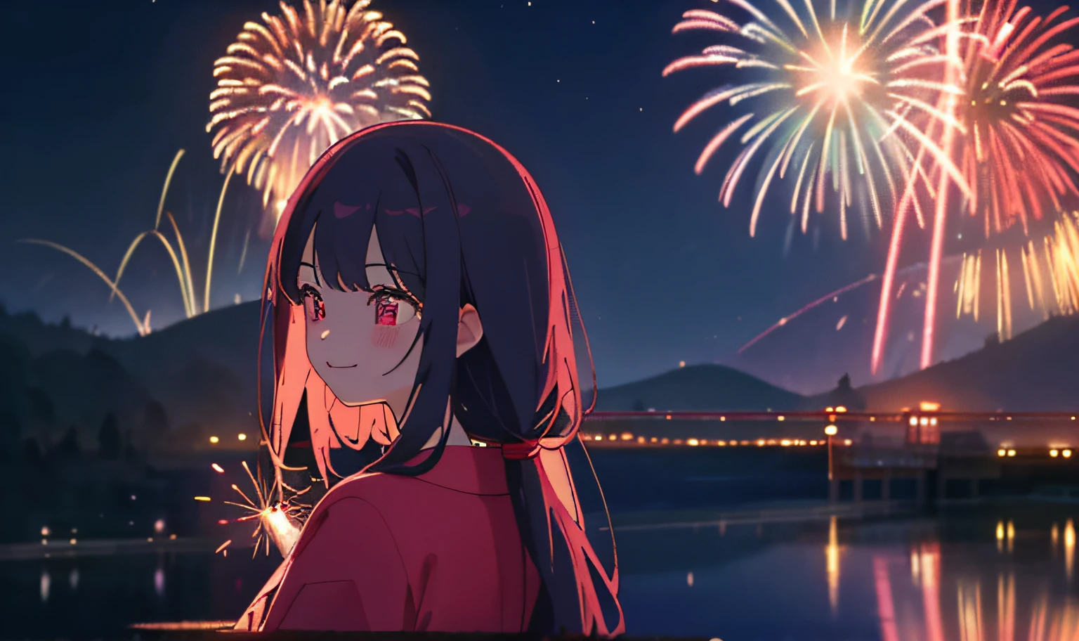 masterpiece、top-quality、"A beautiful woman in a yukata、Look up at fireworks and shooting stars in the night sky。Colorful fireworks and、Expressing the atmosphere of the New Year and festivities、In a focused cowboy shot、Perfect smile。Makes teeth look prettier。On the shore of the lake with the bridge in the background、Fireworks reflected on the surface of the water glitter、Lots of floating particles and colorful fireworks。”
1 girl、A dark-haired、The long-haired、poneyTail、nape、red eyes、Light smile、Look at viewers、have a bouquet、lilies\(florals\)、
red kimono、
(sparklers)、(aerial fireworks)、firework background、(natta)、shrines、lake、light reflections\(Eau)、