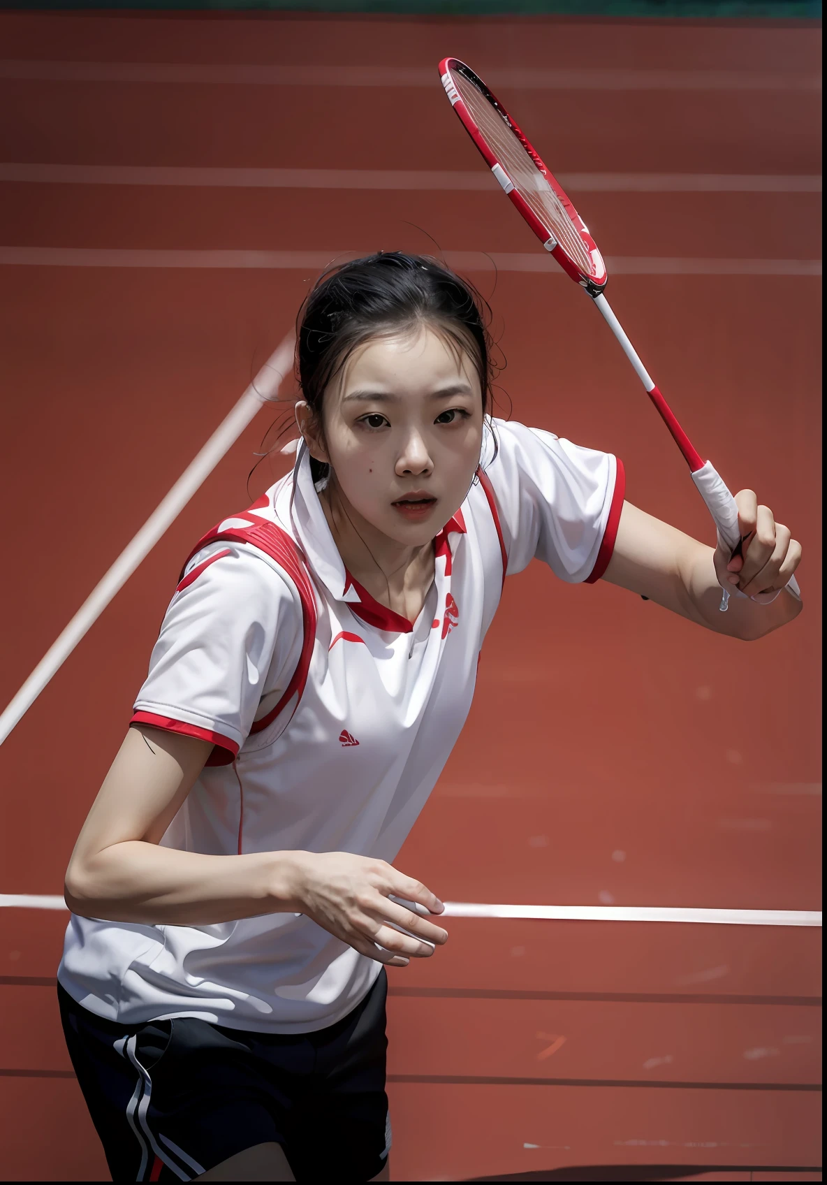 Chinese woman in red and white short-sleeved tracksuit playing badminton with a racket on the court