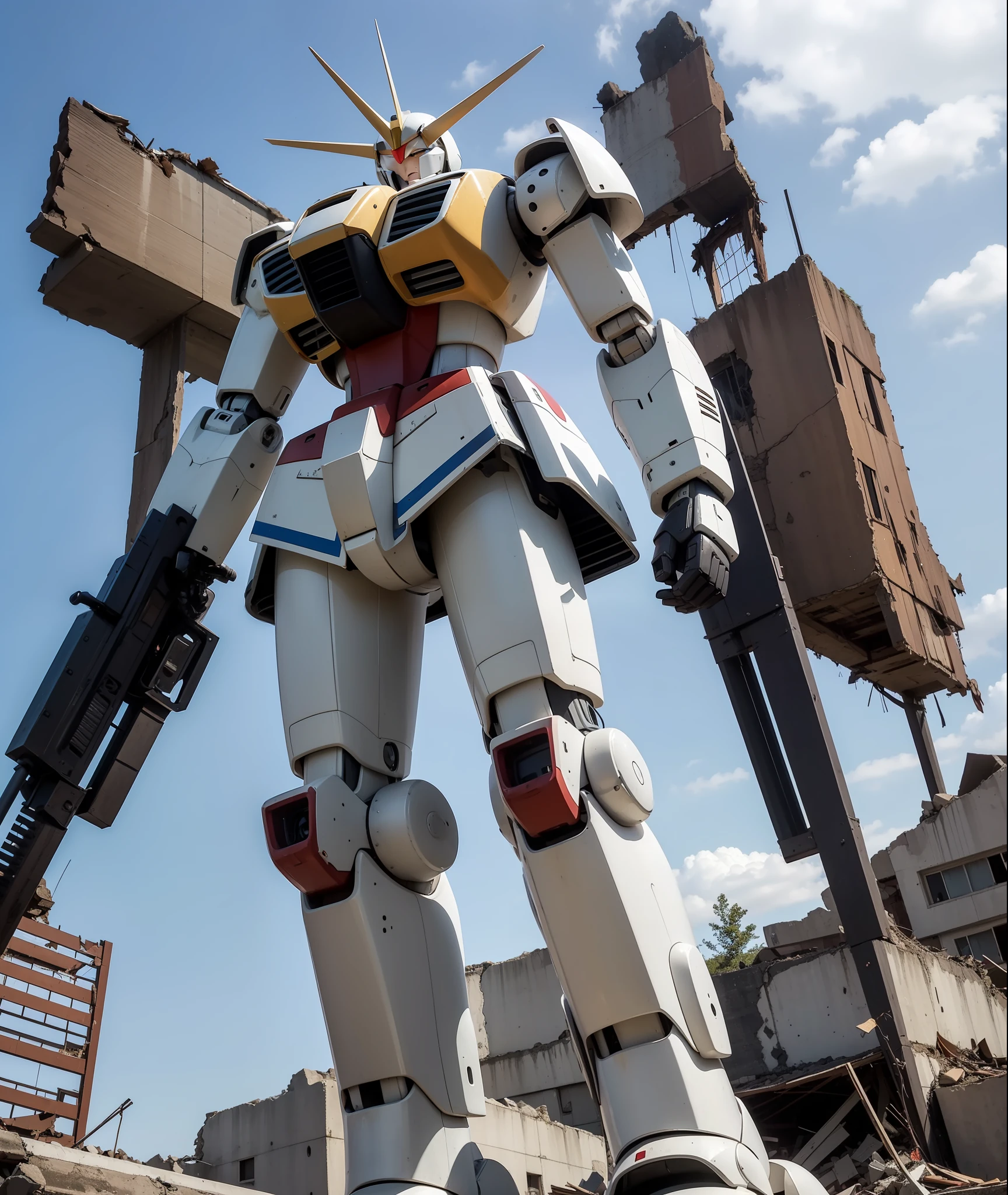 huge robot、Gundam details、Combat Robo、standing in ruins、Destroyed buildings、