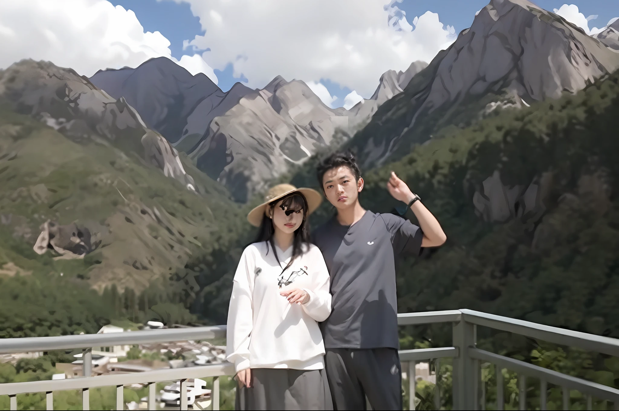 Two people standing on the balcony with mountain view, vacation photo, with the mountains in the background, with the mountains in the background, with the mountains in the background, moutain in background, picture, yiqiang and shurakrgt, A picture, yan gisuka, jinyiwei, Ruan Jia and Fenghua Zhong, Photo Hot, Li Zixin