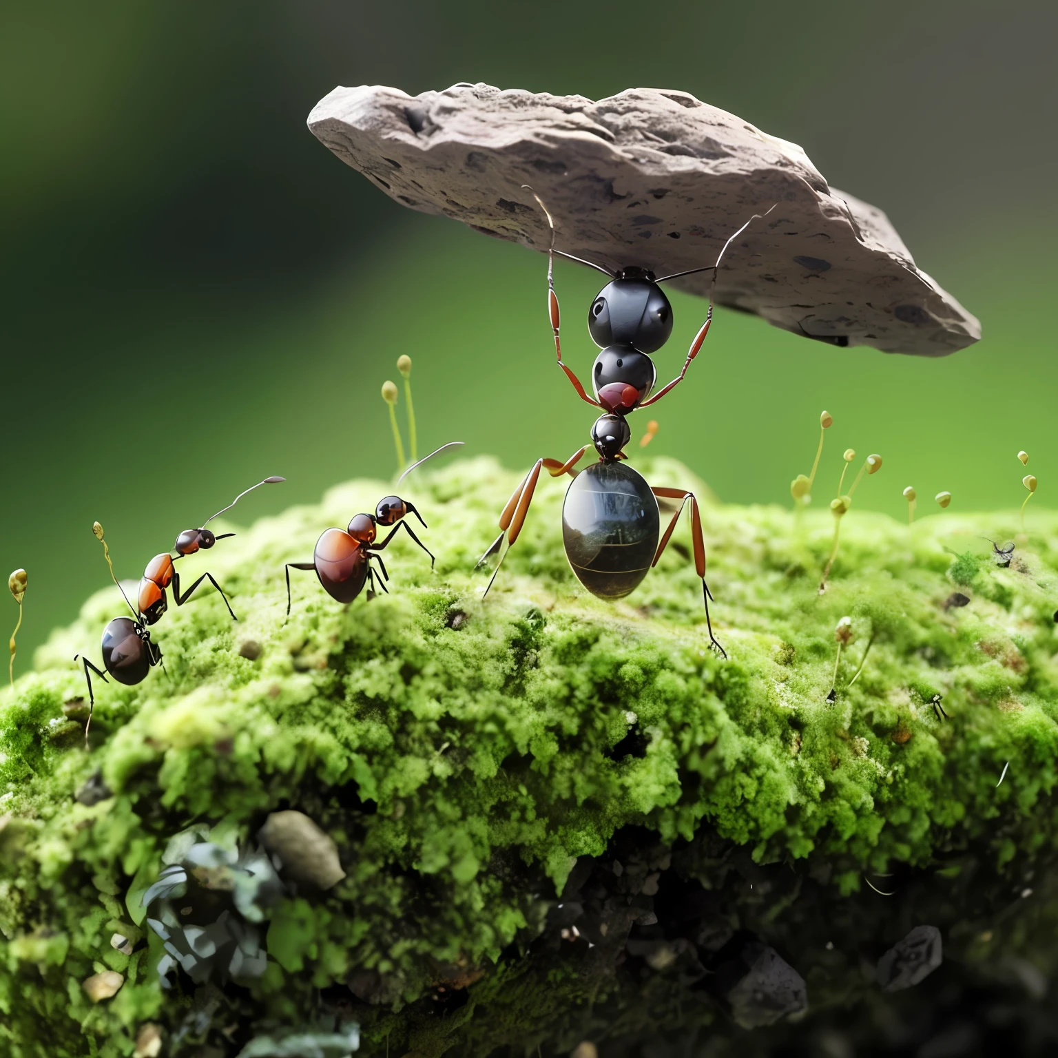 Ants carry a stone and a stone on a mossy rock, ant pov, ant life, smart ants, ant view, ants, ant alien, diorama macro photography, looming over ant pov, monstrous ant, award-winning shot, award - winning shot, Miniature photography, ant, ant humanoid, award winning shot, Beetles that pass through moss