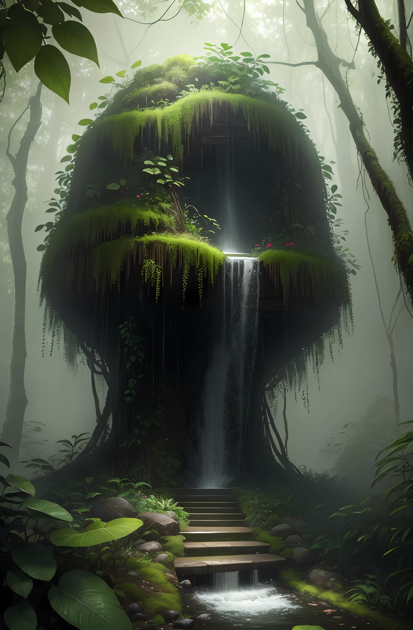 A jungle, with intense rainfall, monochromatic, vines all around, giant and wet trees, masterpiece, best quality, high quality, extremely detailed CG unity 8k wallpaper, oil paiting, award winning photography, Bokeh, Depth of Field, HDR, bloom, Chromatic Aberration ,Photorealistic,extremely detailed, trending on artstation, trending on CGsociety, Intricate, High Detail, dramatic, art by midjourney, volumetric lighting