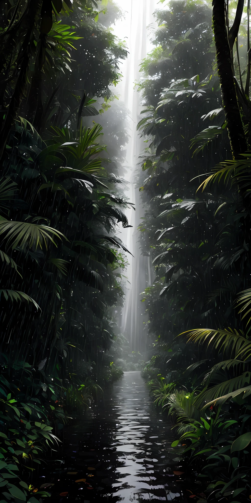 A jungle, with intense rainfall, monochromatic, vines all around, giant and wet trees, masterpiece, best quality, high quality, extremely detailed CG unity 8k wallpaper, oil paiting, award winning photography, Bokeh, Depth of Field, HDR, bloom, Chromatic Aberration ,Photorealistic,extremely detailed, trending on artstation, trending on CGsociety, Intricate, High Detail, dramatic, art by midjourney, volumetric lighting